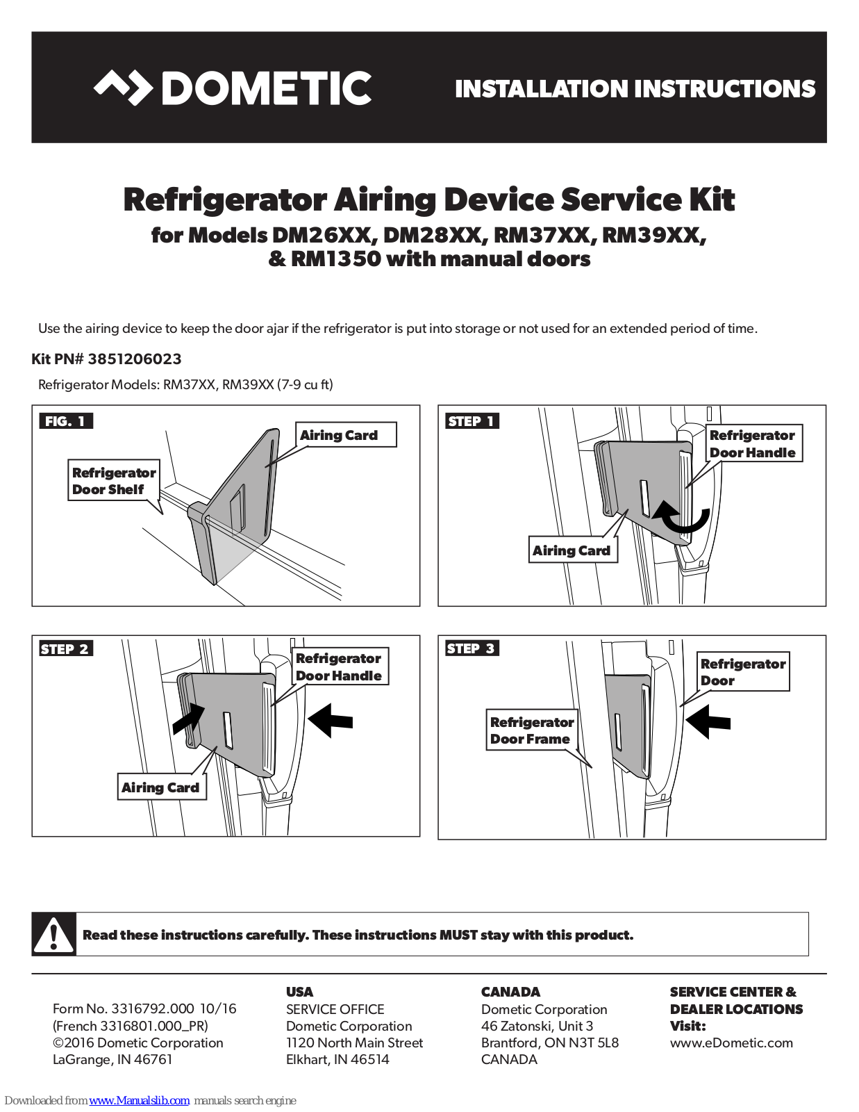 Dometic 3851206023 Installation Instructions Manual