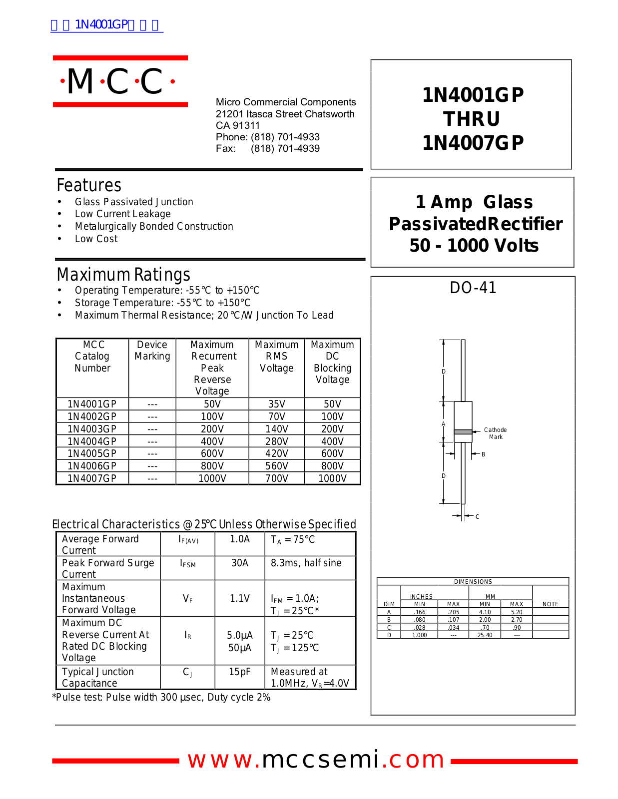 Micro Commercial Components 1N4001GP, 1N4007GP Technical data