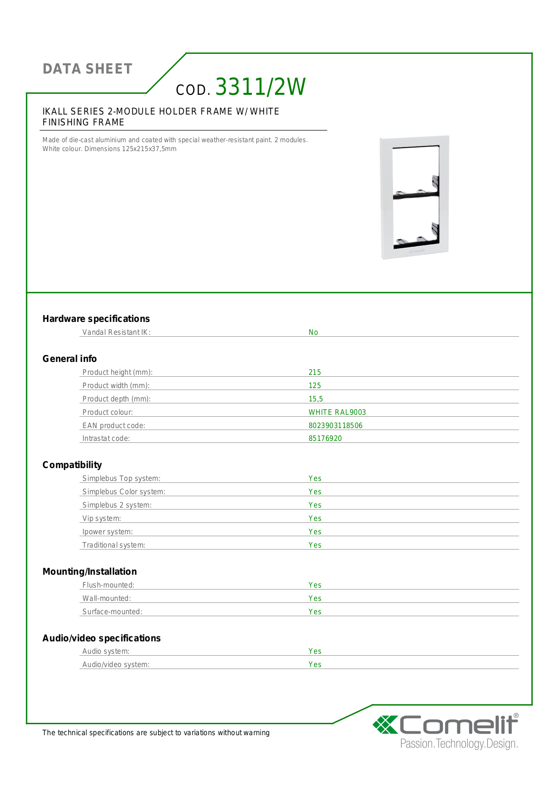 Comelit 3311-2W Specsheet - ManualMachine.com