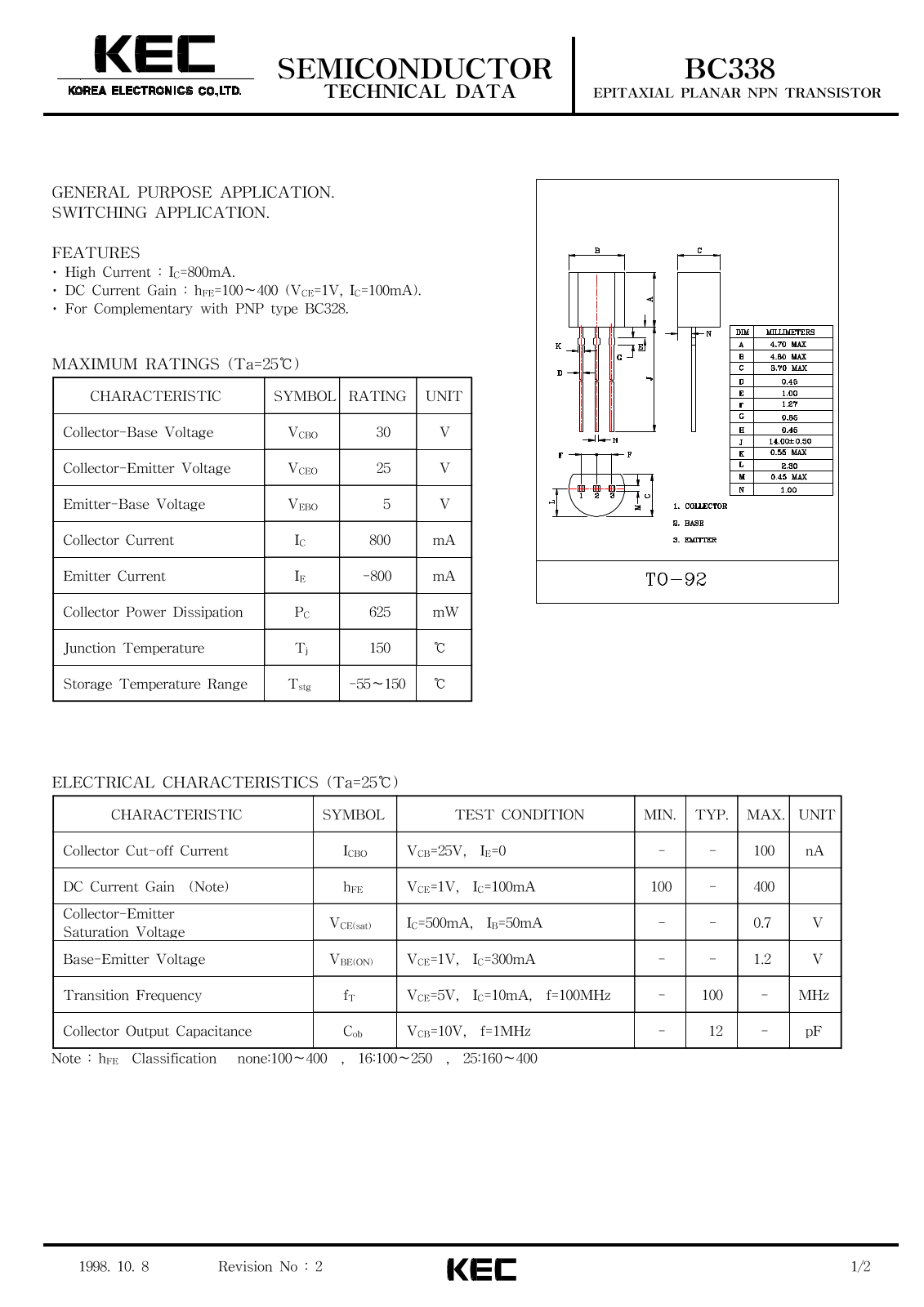 Korea Electronics Co  Ltd BC338 Datasheet