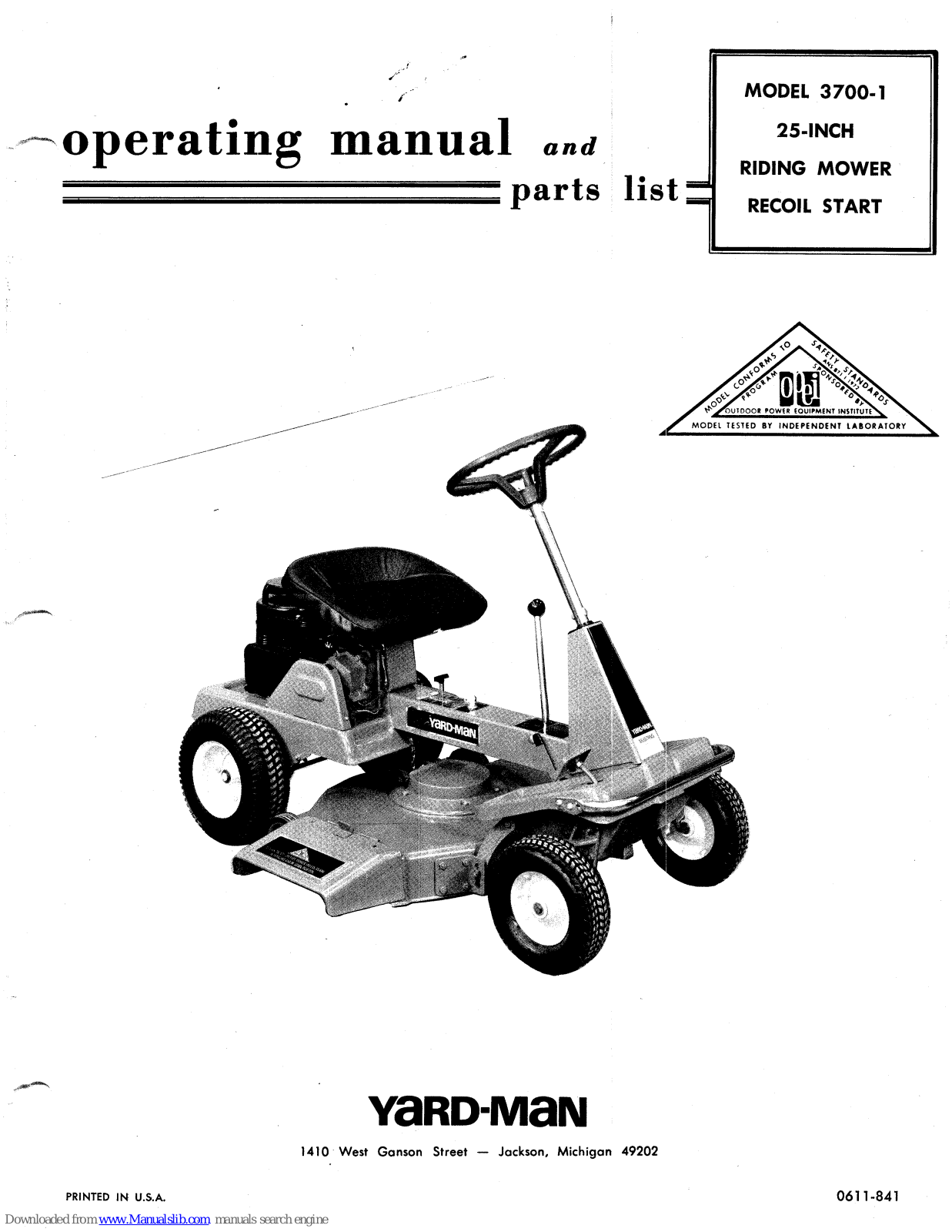 Yard-Man 3700-1 Operating Manual And Parts List