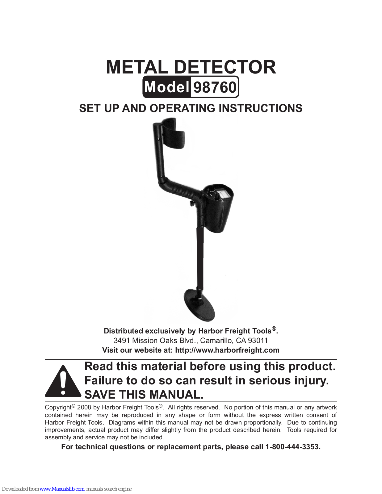 Harbor Freight Tools 98760 Set Up And Operating Instructions Manual