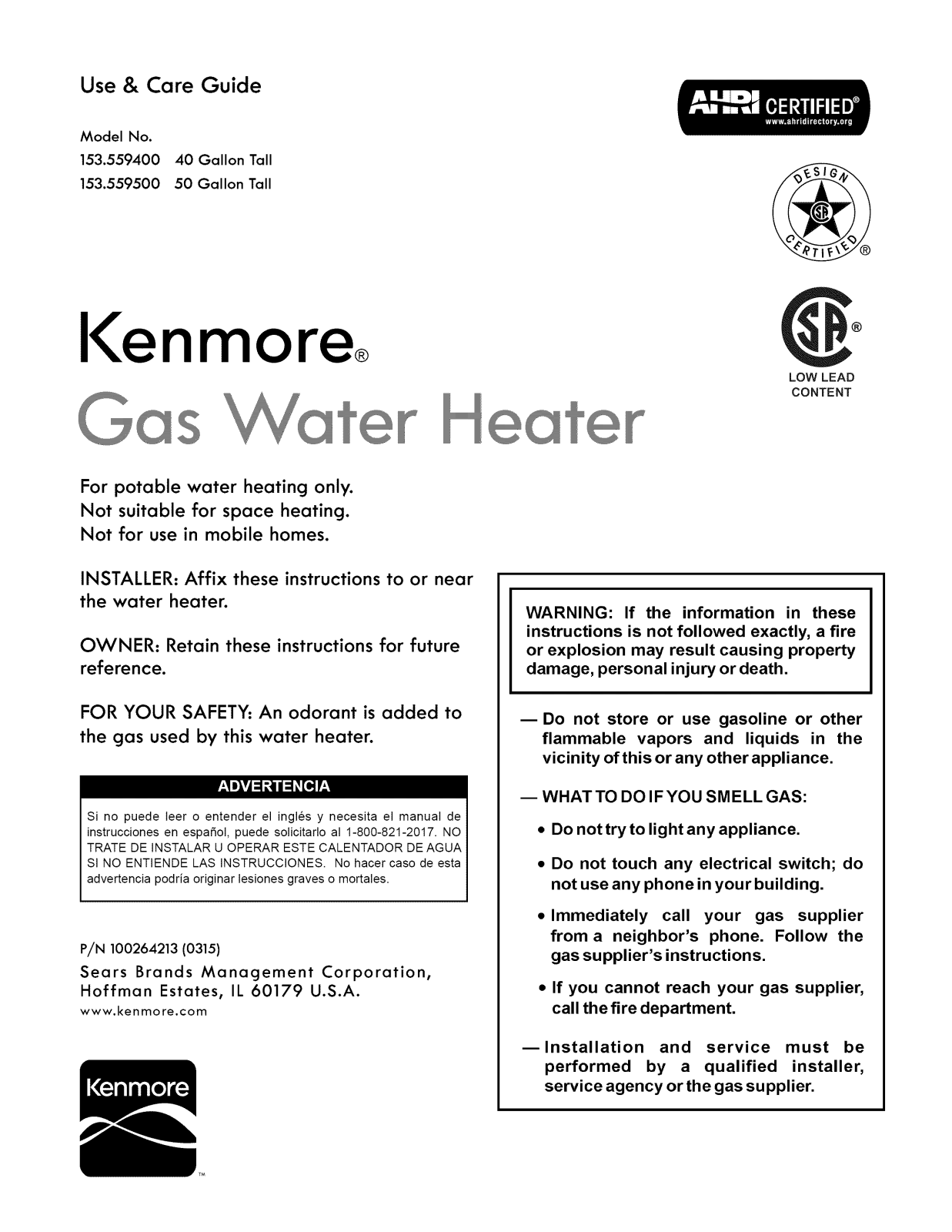 Kenmore 153559500, 153559400 Owner’s Manual
