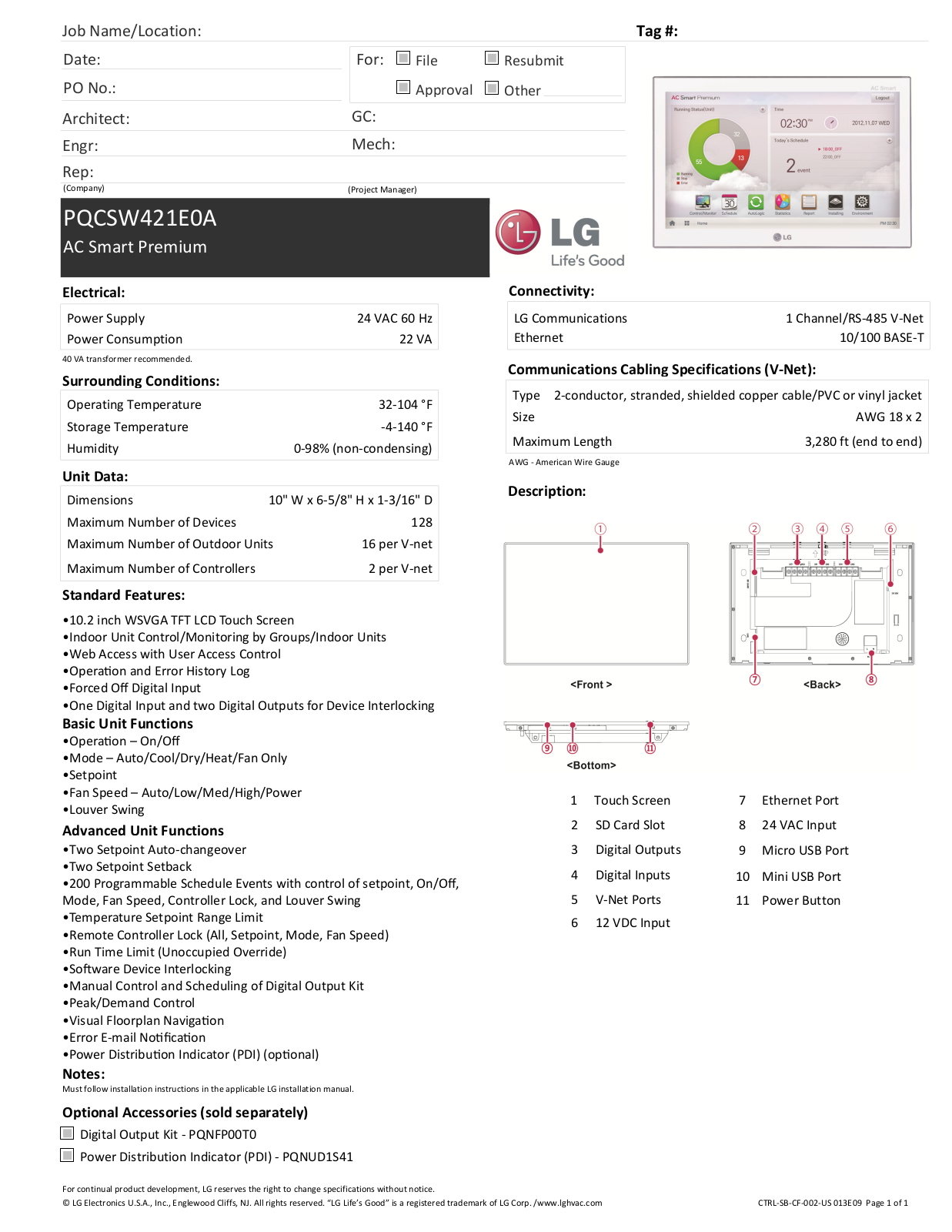 LG PQCSW421E0A Submittal Sheet