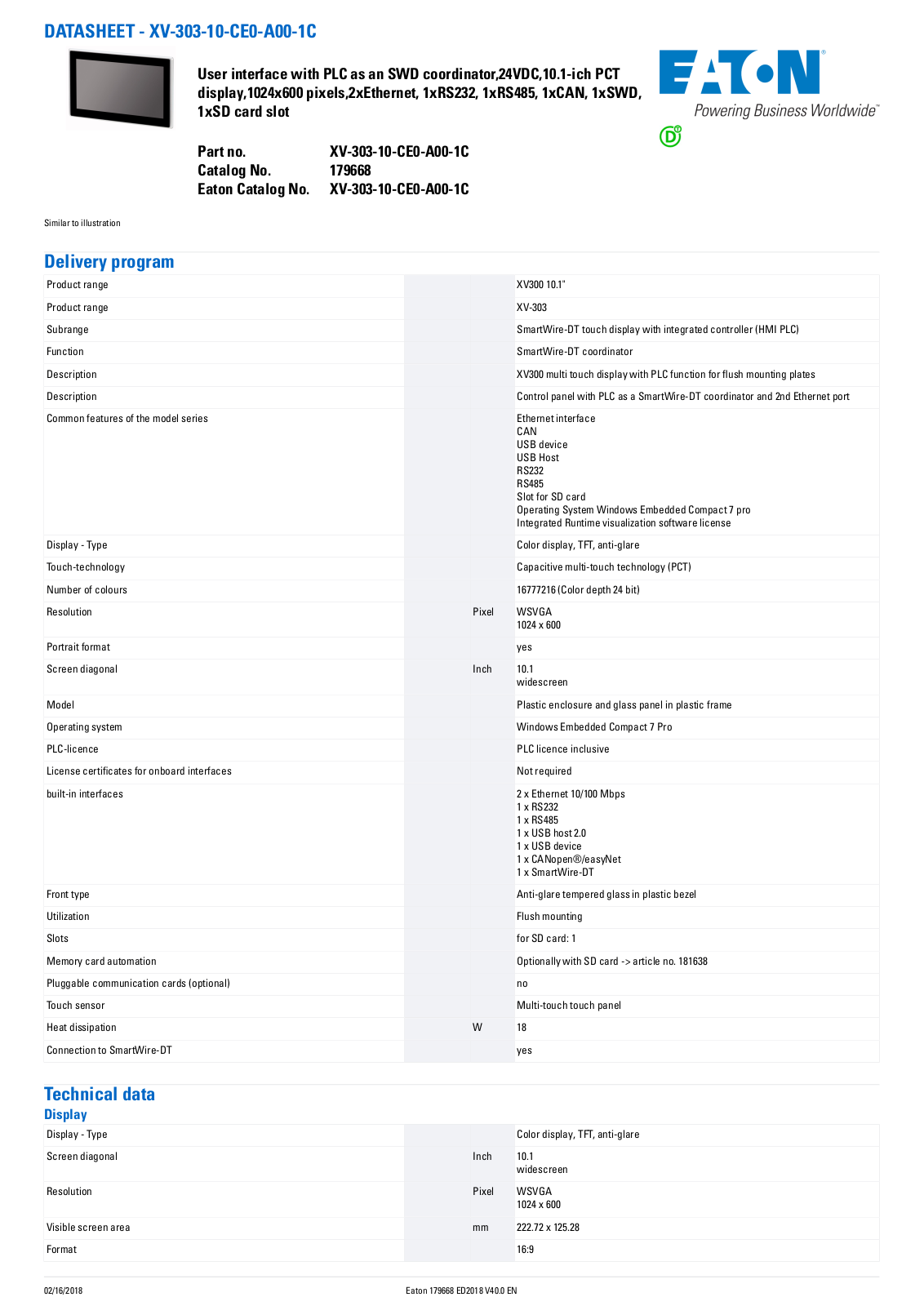 Cutler Hammer, Div of Eaton Corp XV-303-10-CE0-A00-1C Data Sheet