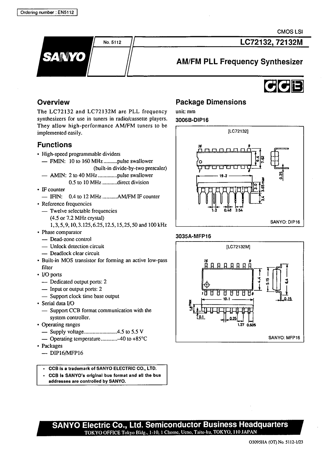 SANYO LC72132M, LC72132 Datasheet