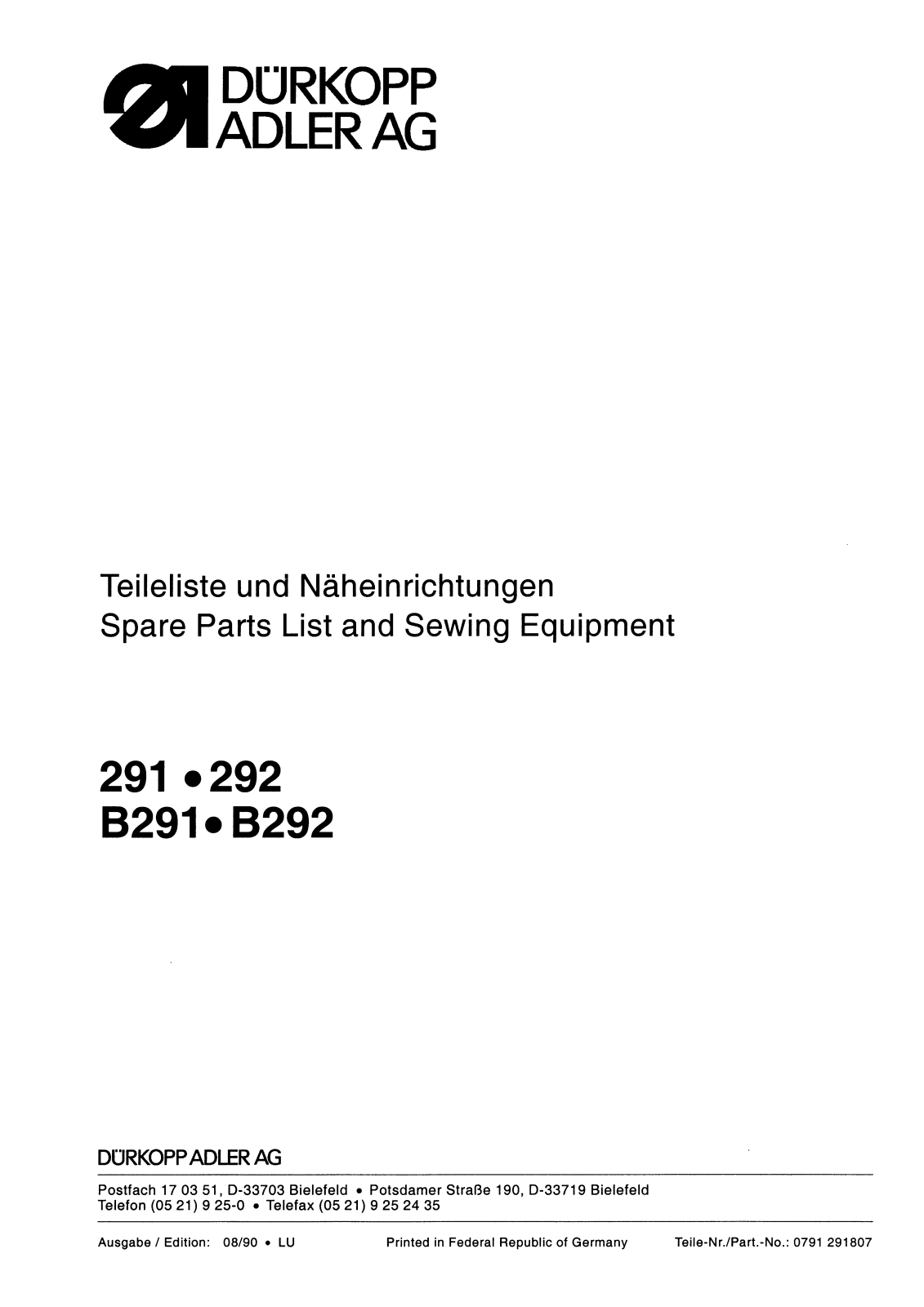 DURKOPP 291, 292, B291, B292 Parts List