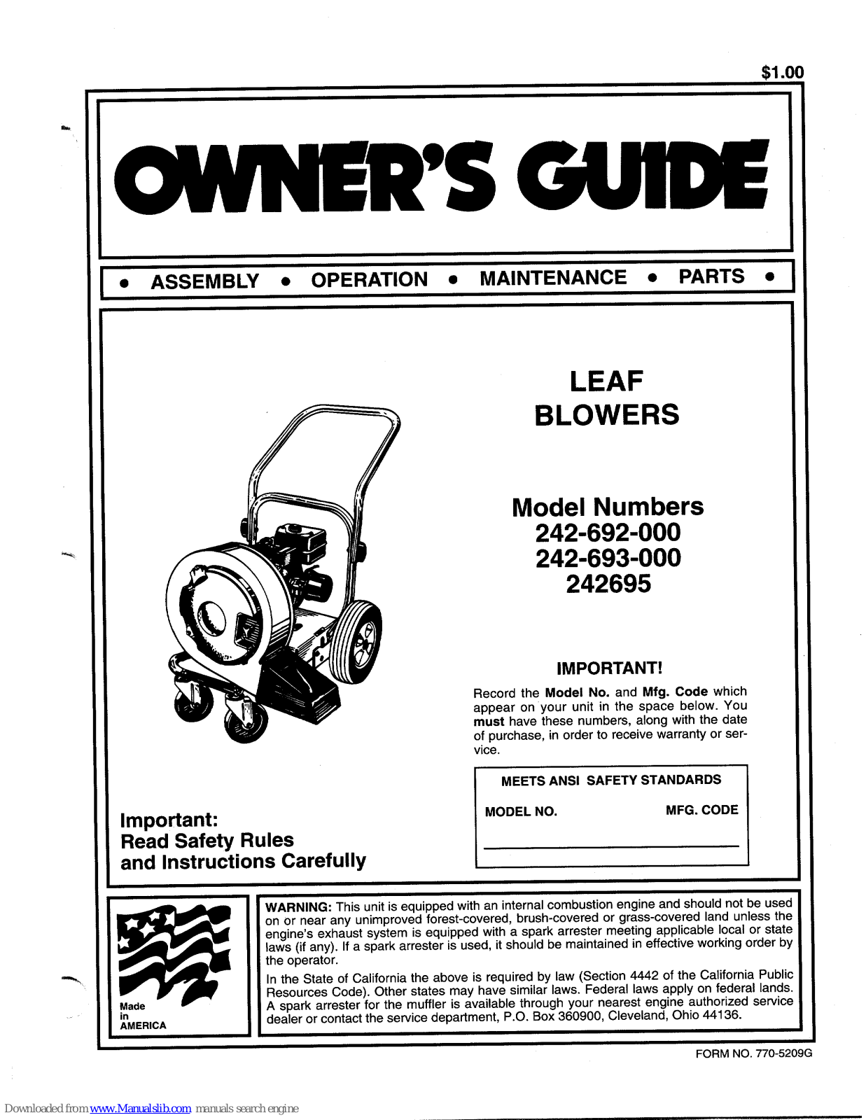 MTD 242-692-000, 242-693-000, 242695 Owner's Manual