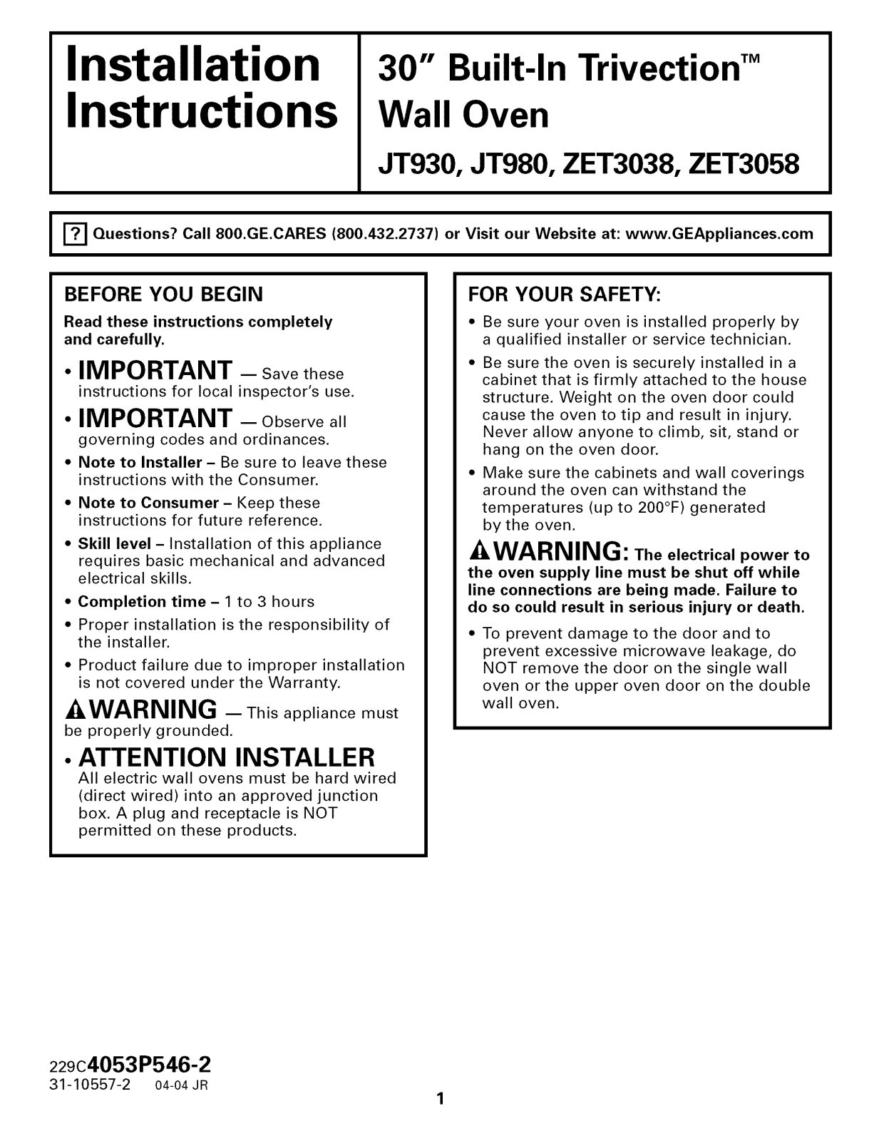 GE JT930BH2BB, JT930BH3BB, JT930SK1SS, JT930SK3SS, JT930WH2WW Installation Guide - ManualMachine.com