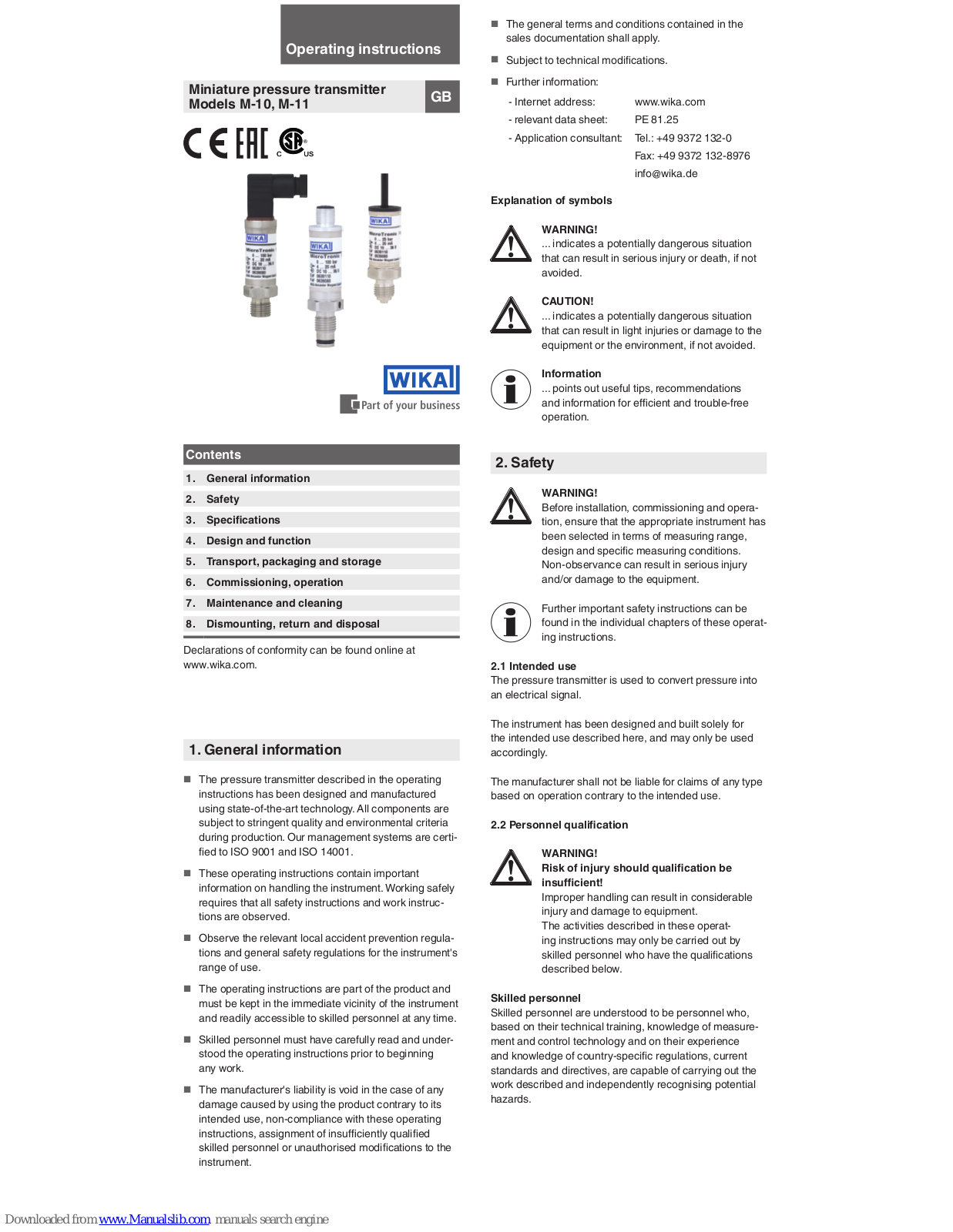 WIKA M-10, M-11 Operating Instructions Manual