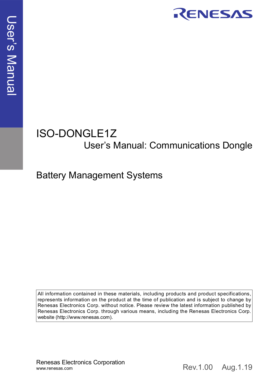 Renesas ISO-DONGLE1Z User Manual