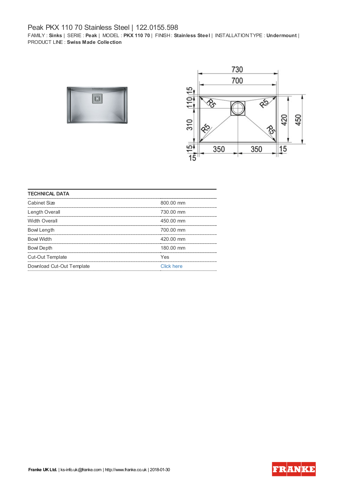 Franke PKX110-70 Specifications Sheet