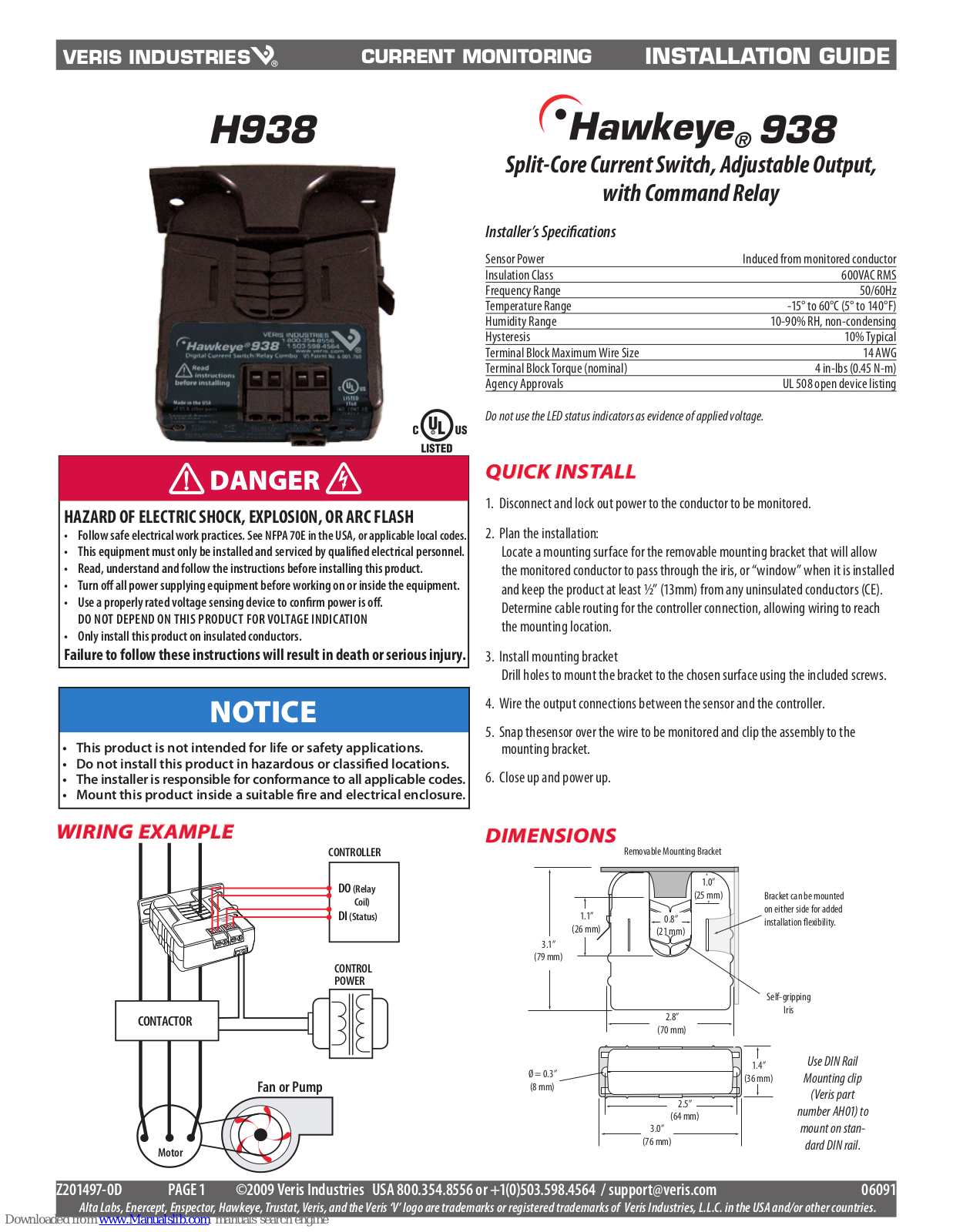 VERIS INDUSTRIES, INC. Hawkeye 938, Hawkeye 939 Installation Manual