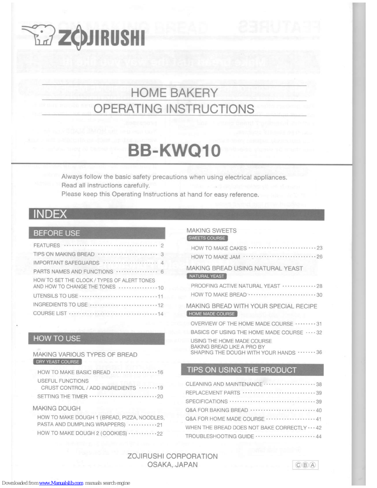 Zojirushi BB-KWQ10 Operating Instructions