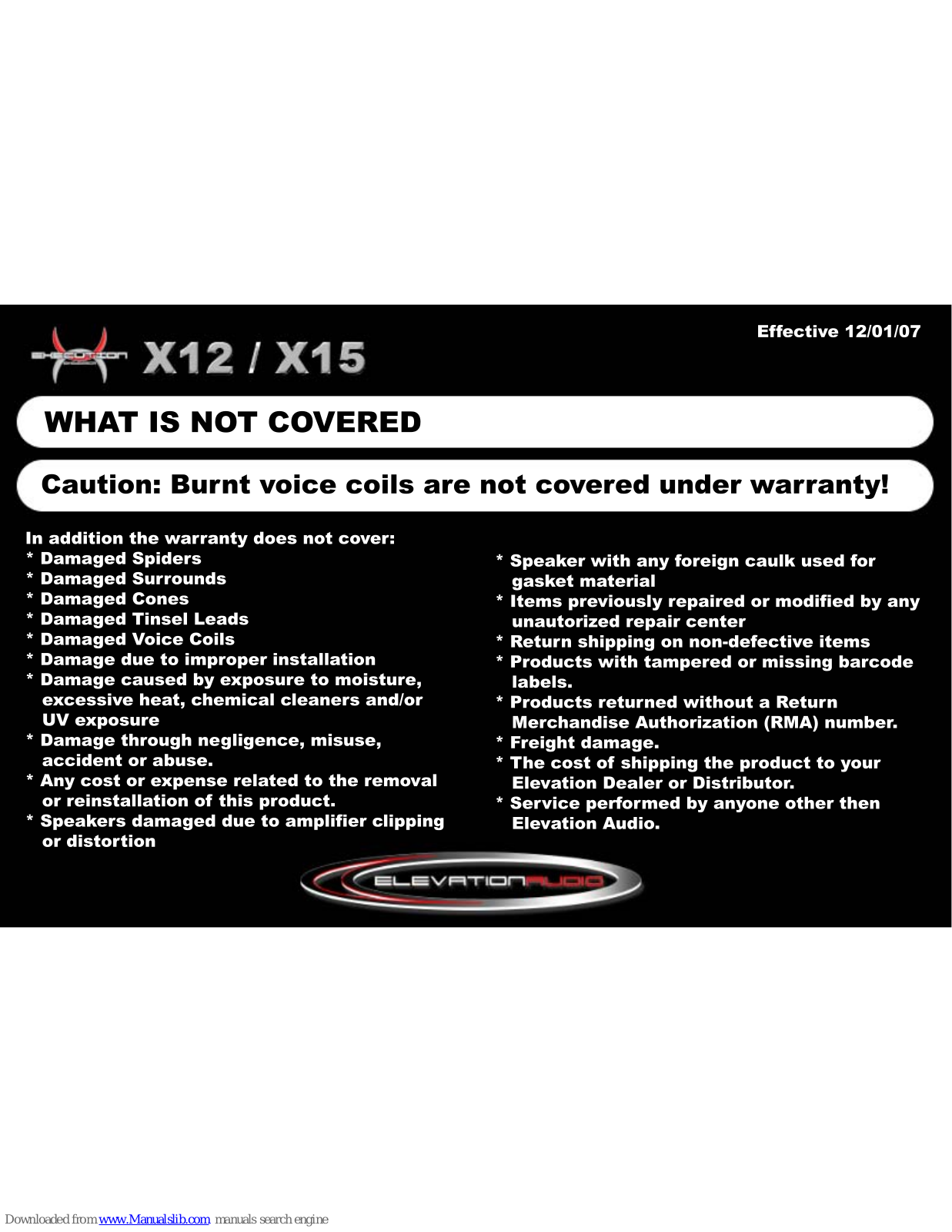 Elevation Audio Subwoofer X12, Comp10, Comp12, Pro12, EX12 Installation Manual - ManualMachine.com