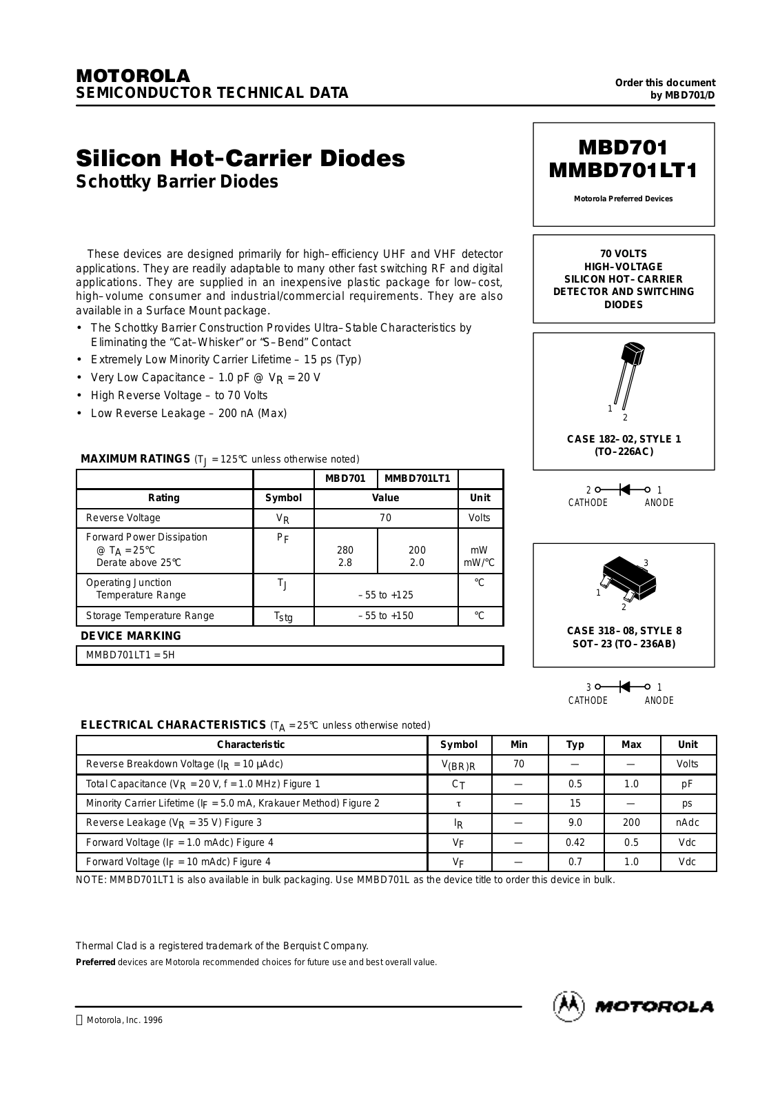 Motorola MBD701, MBD701LT1 Datasheet