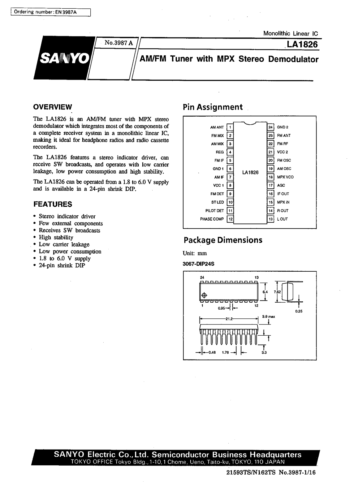 SANYO LA1826 Datasheet