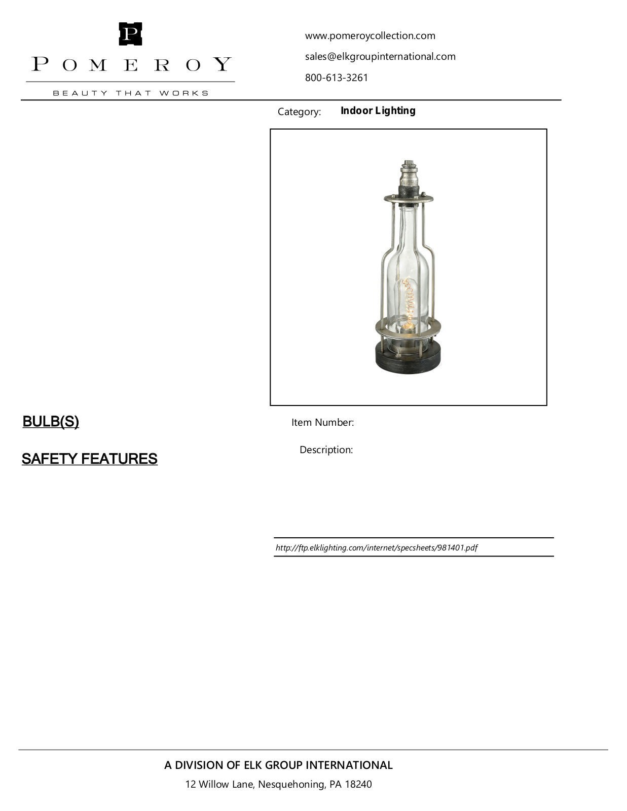 Pomeroy 981401 Product Sheet