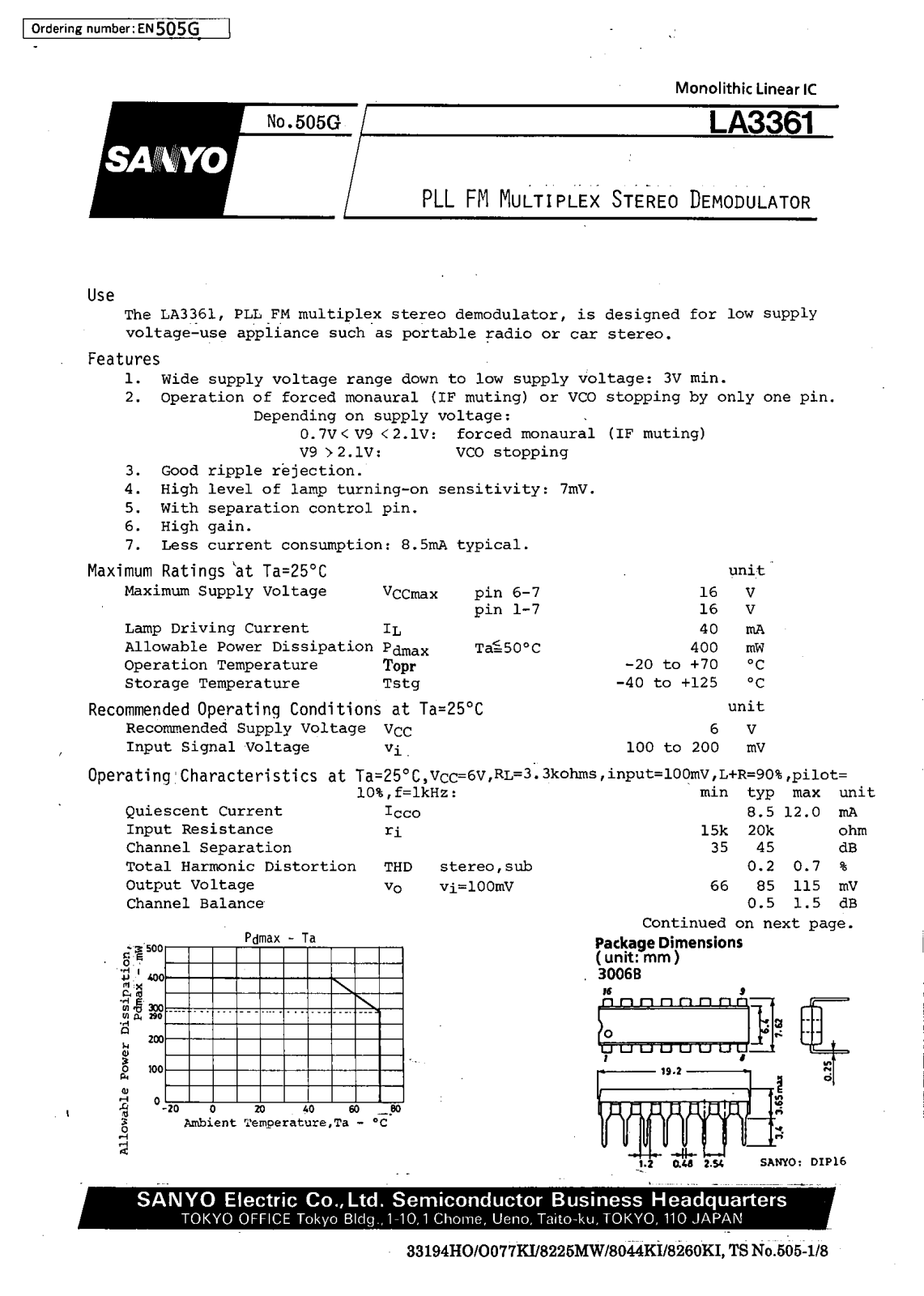 SANYO LA3361 Datasheet