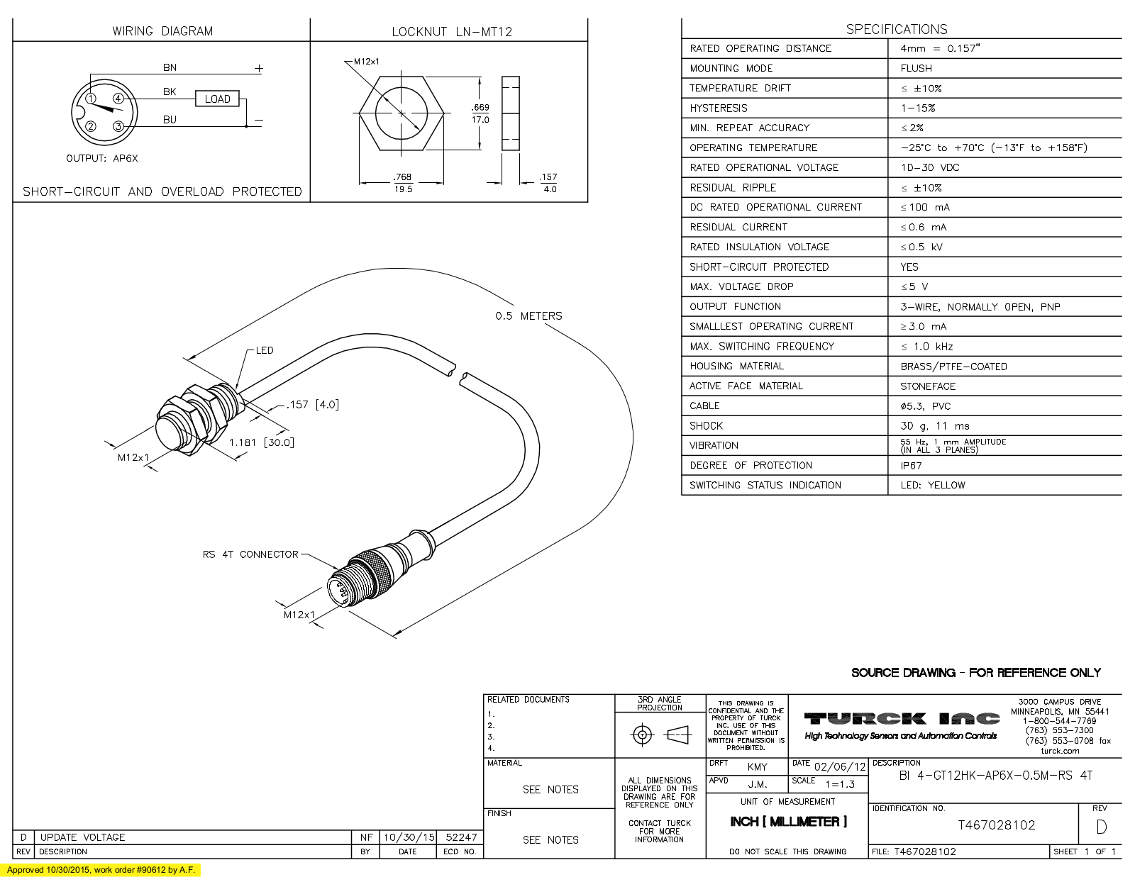 Turck BI4-GT12HK-AP6X-0.5-RS4T Data Sheet