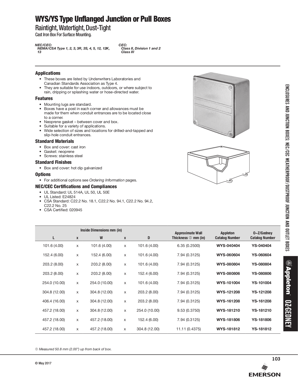 Appleton WYS Type Unflanged Junction or Pull Boxes, YS Type Unflanged Junction or Pull Boxes Catalog Page