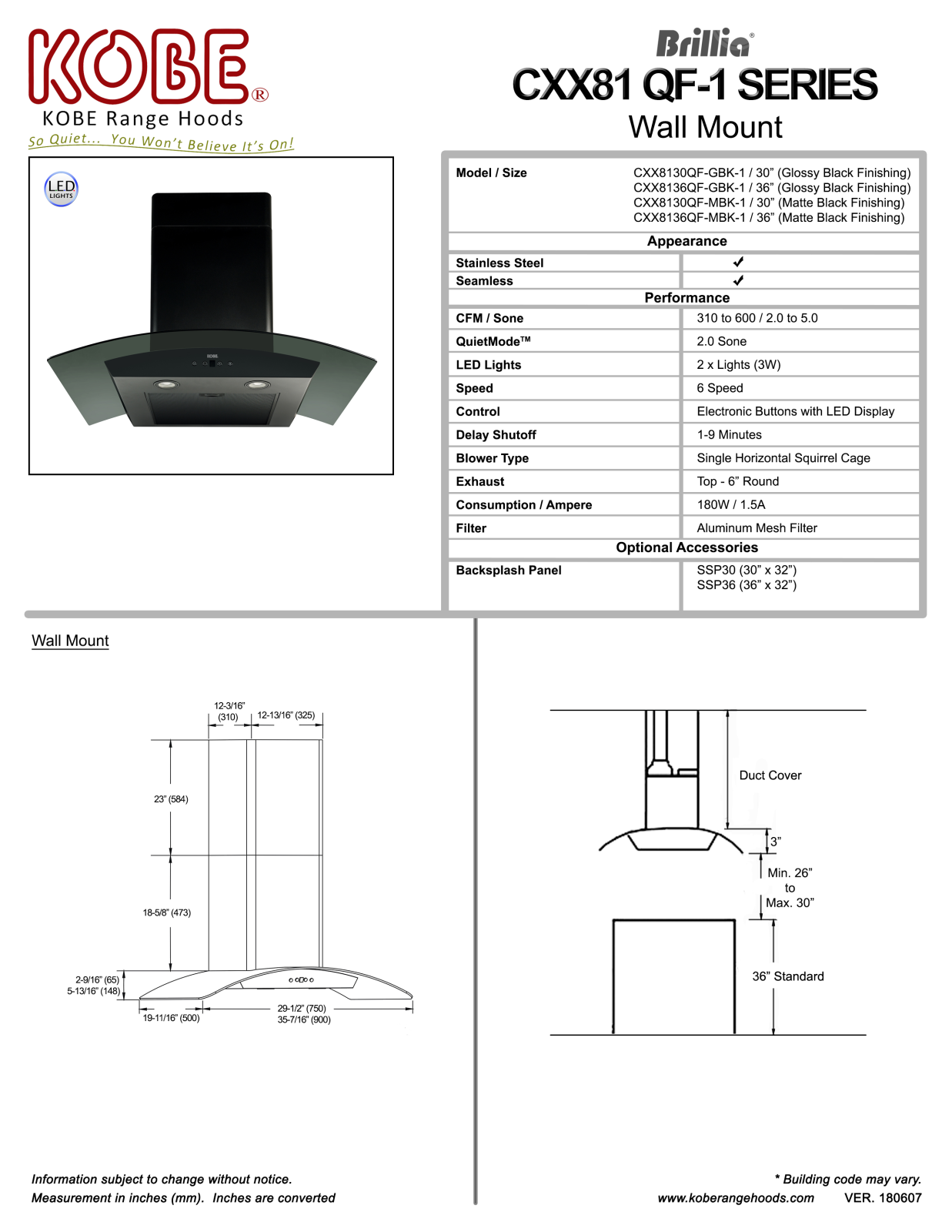 Kobe CXX8136QFMBK1 Specifications