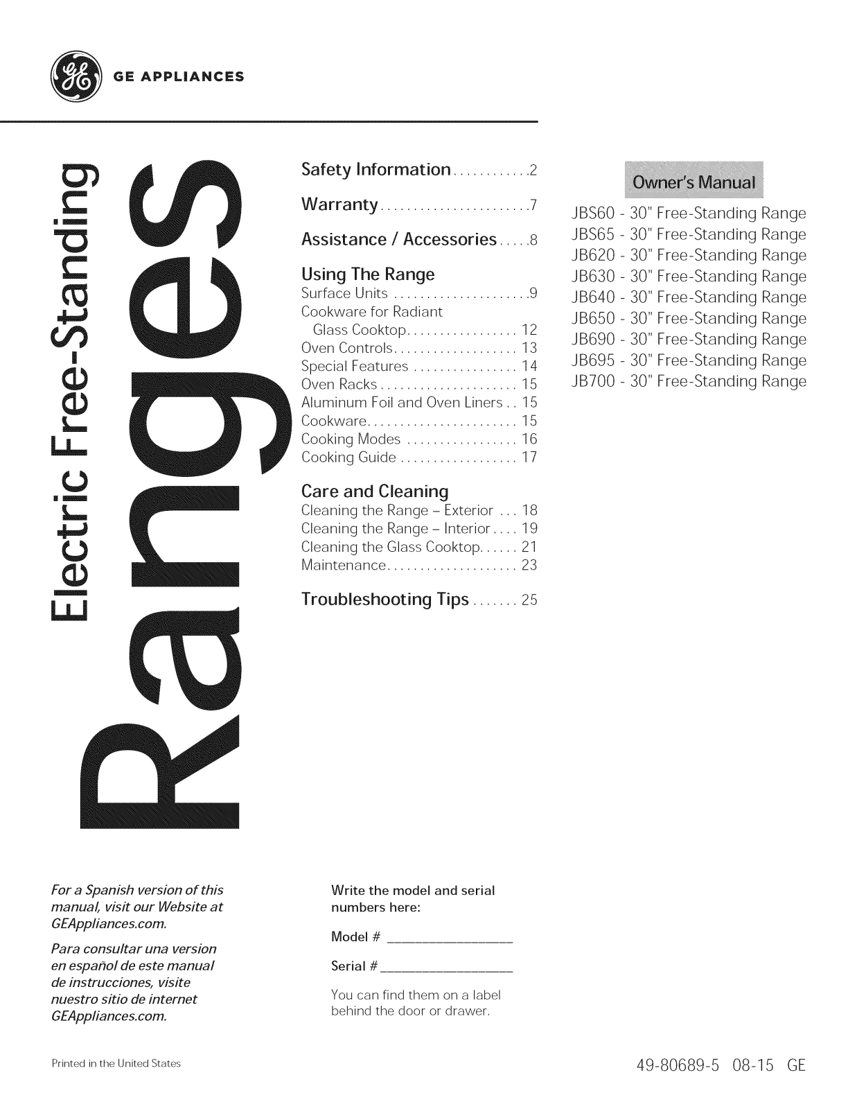 GE JB690SF4SS, JB690EF4ES, JB690EF2ES, JB690DF4WW, JB690DF4BB Owner’s Manual