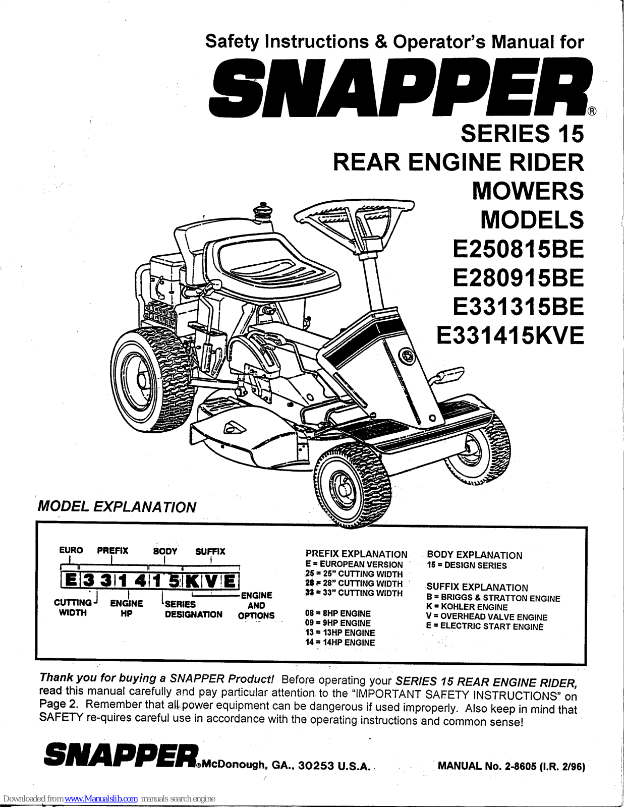 Snapper E250815BE,E280915BE,E331315BE,E331415KVE Safety Instructions & Operator's Manual