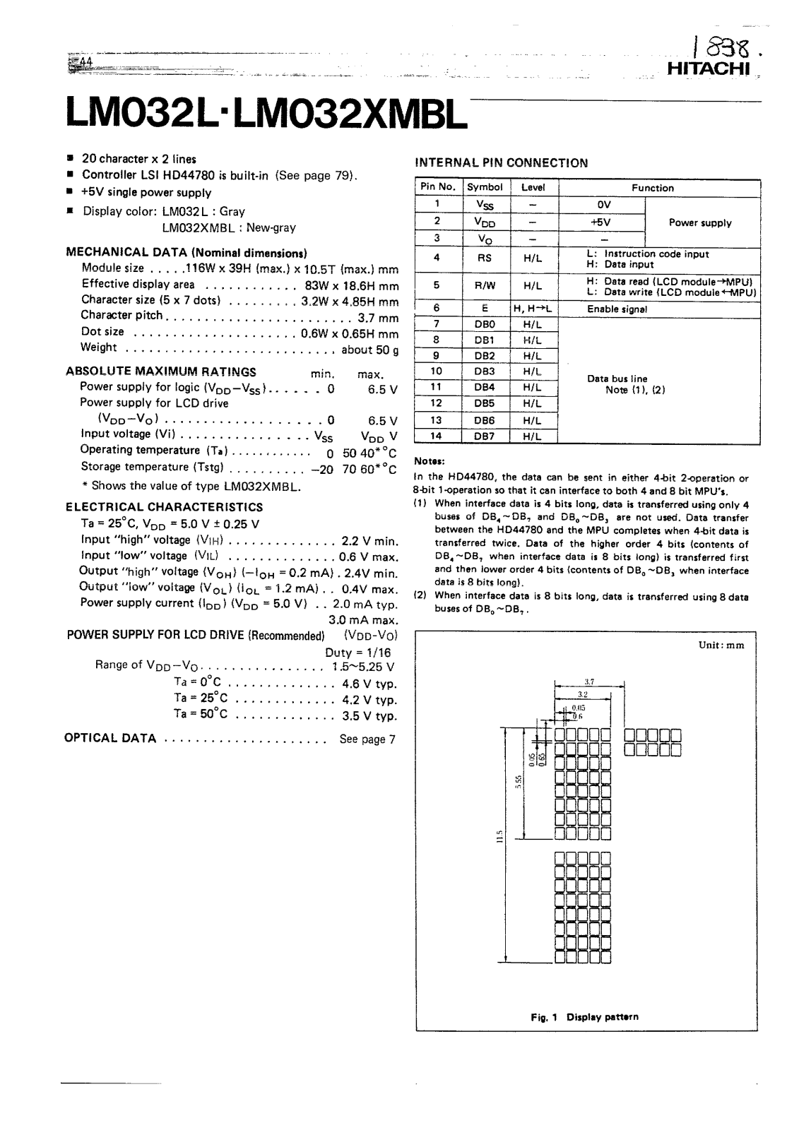 HITACHI LM032L, LM032XMBL Datasheet