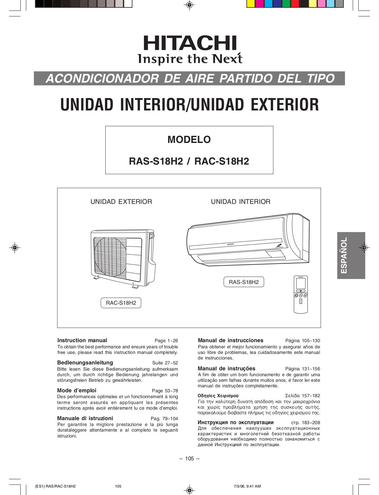 Hitachi RAS-S18H2, RAC-S18H2 User Manual