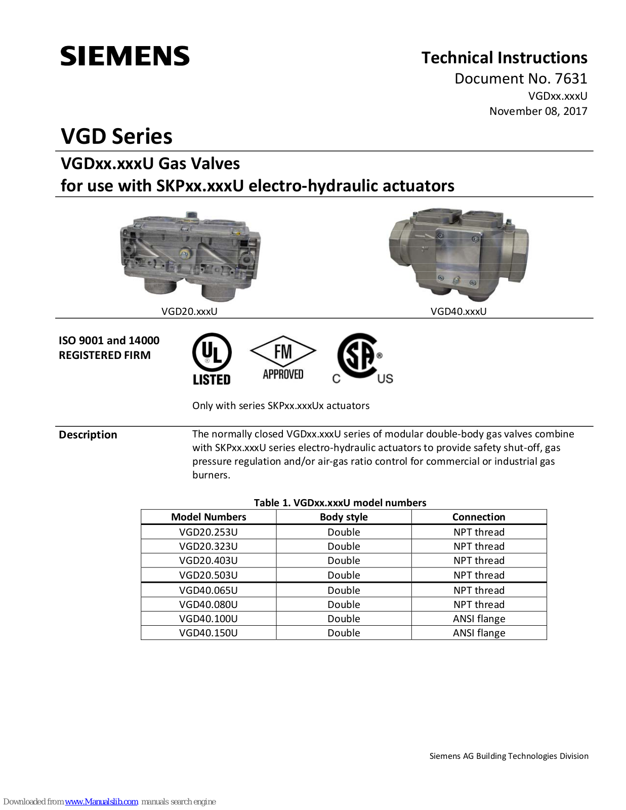 Siemens VGD20.253U, VGD Series, VGD20.323U, VGD20.403U, VGD20.503U Technical Instructions