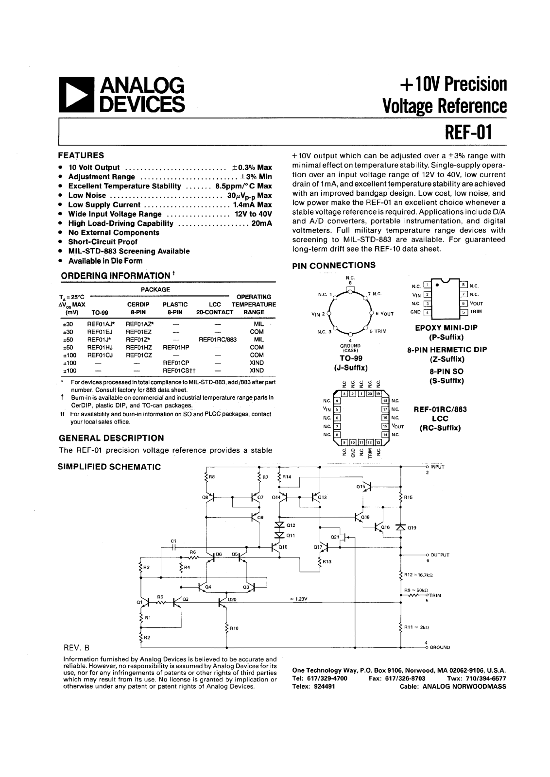 Analog Devices REF01AJ, REF01CJ, REF01CP, REF01J, REF01RC-883 Datasheet