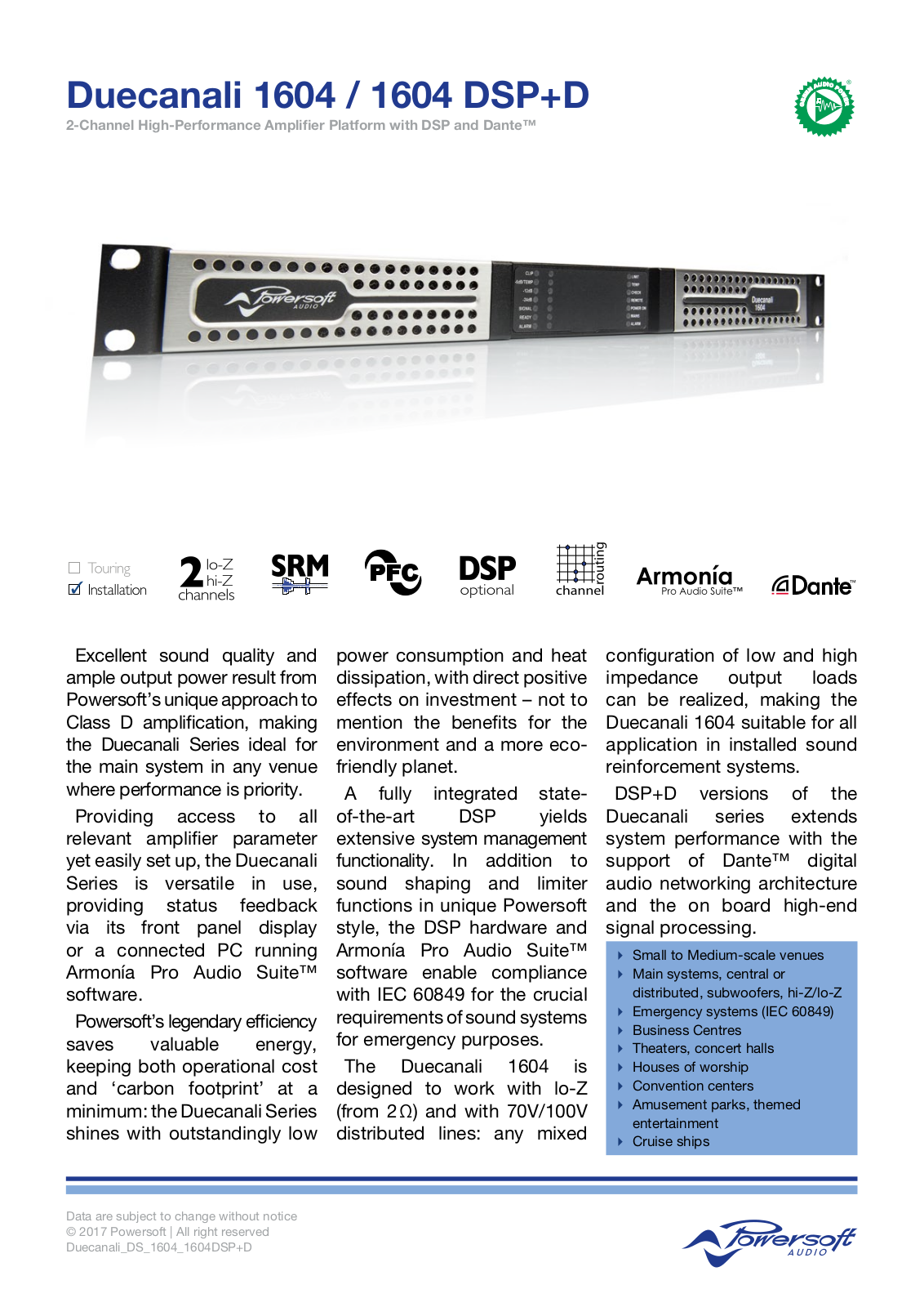 Powersoft Duecanali 1604 Datasheet