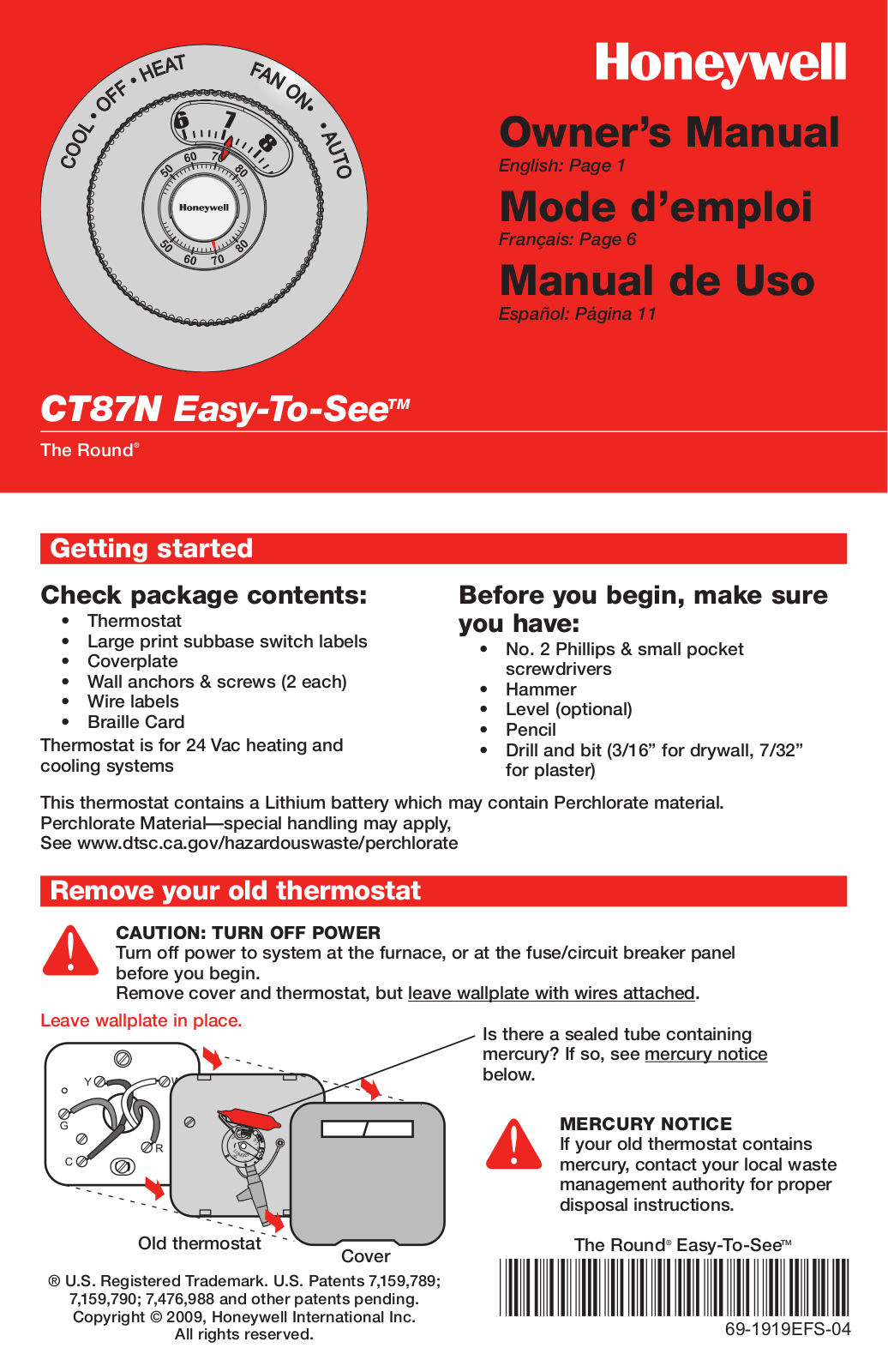 Honeywell CT87N, YCT87N1006 User Manual