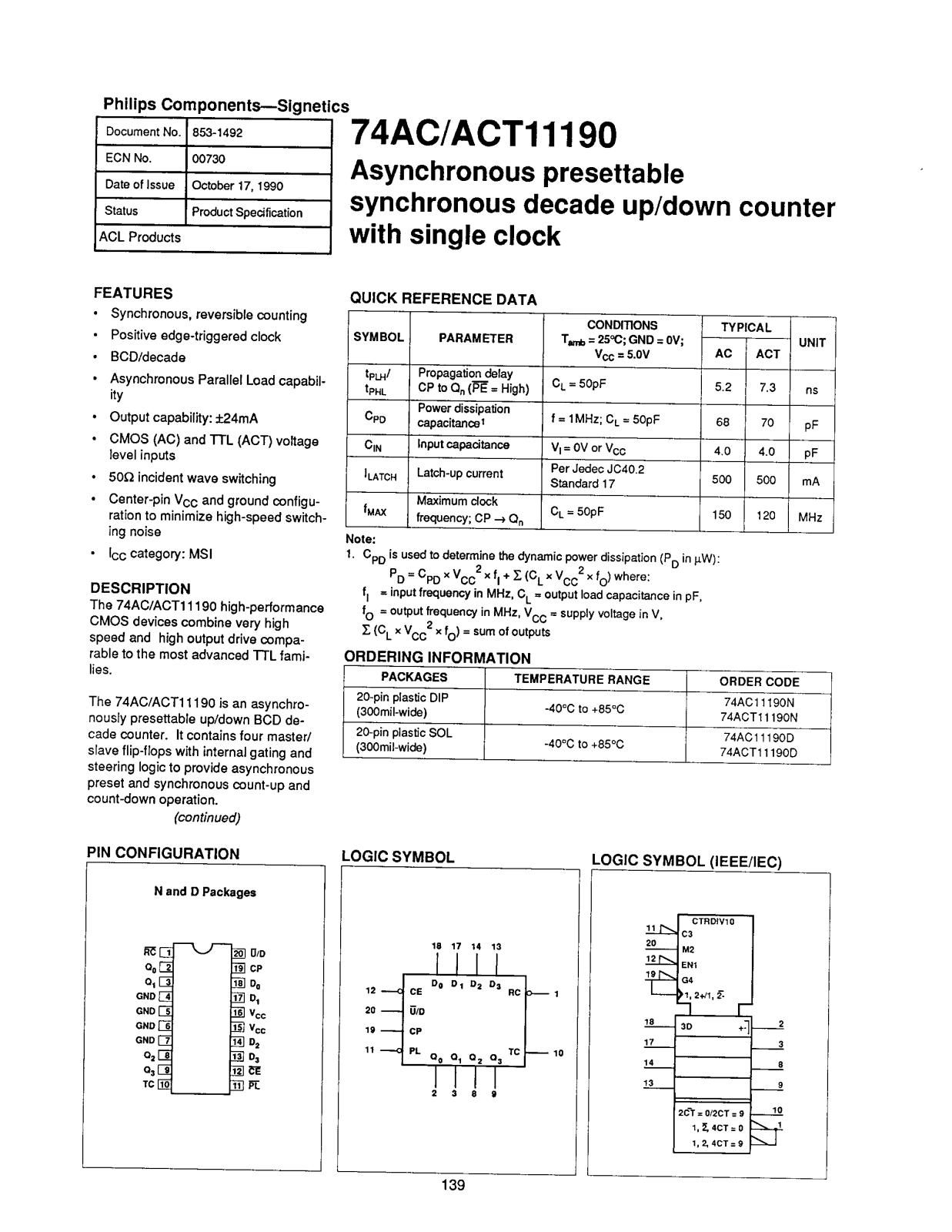 Philips 74ACT11190N, 74ACT11190D, 74AC11190N, 74AC11190D Datasheet