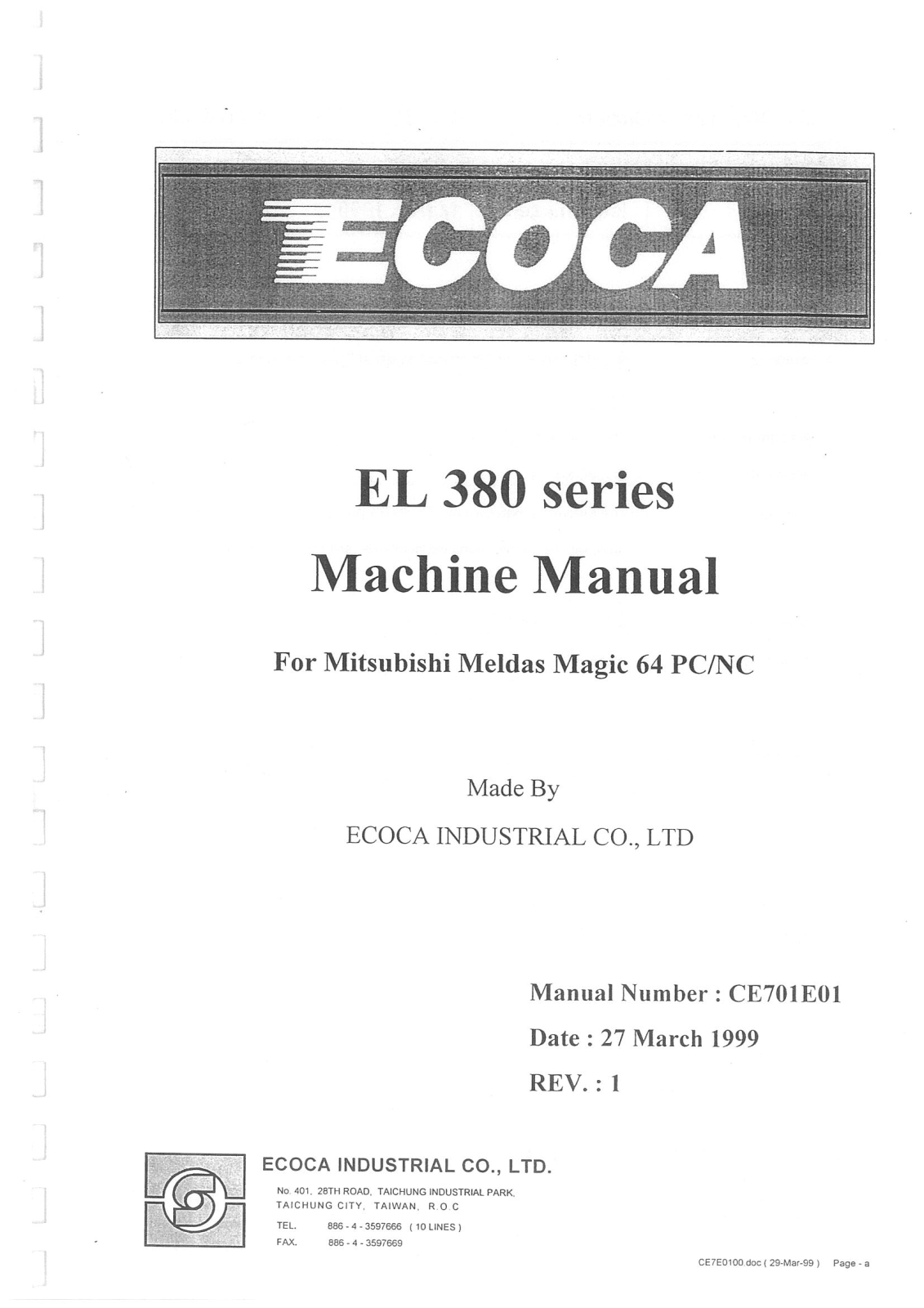 xyz machine tools EL 380 Machine Manual