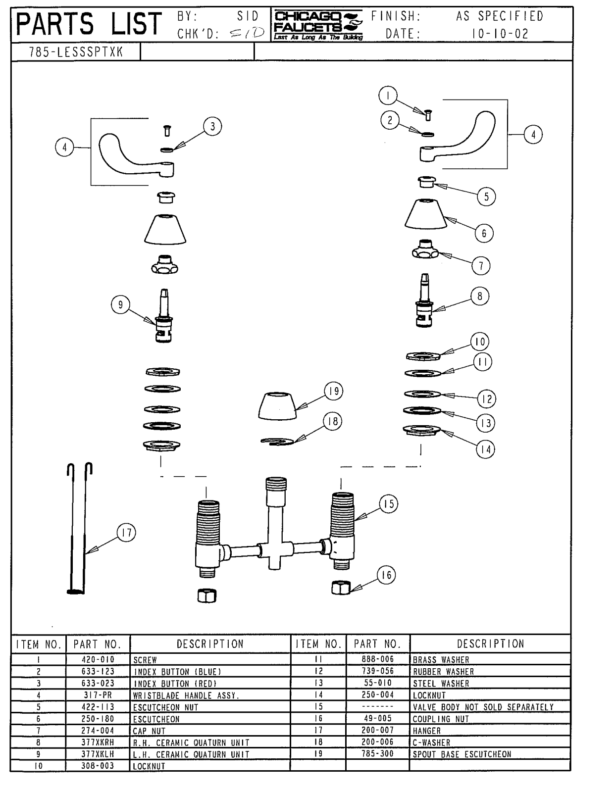 Chicago Faucet 785-LESSSPTXK Parts List