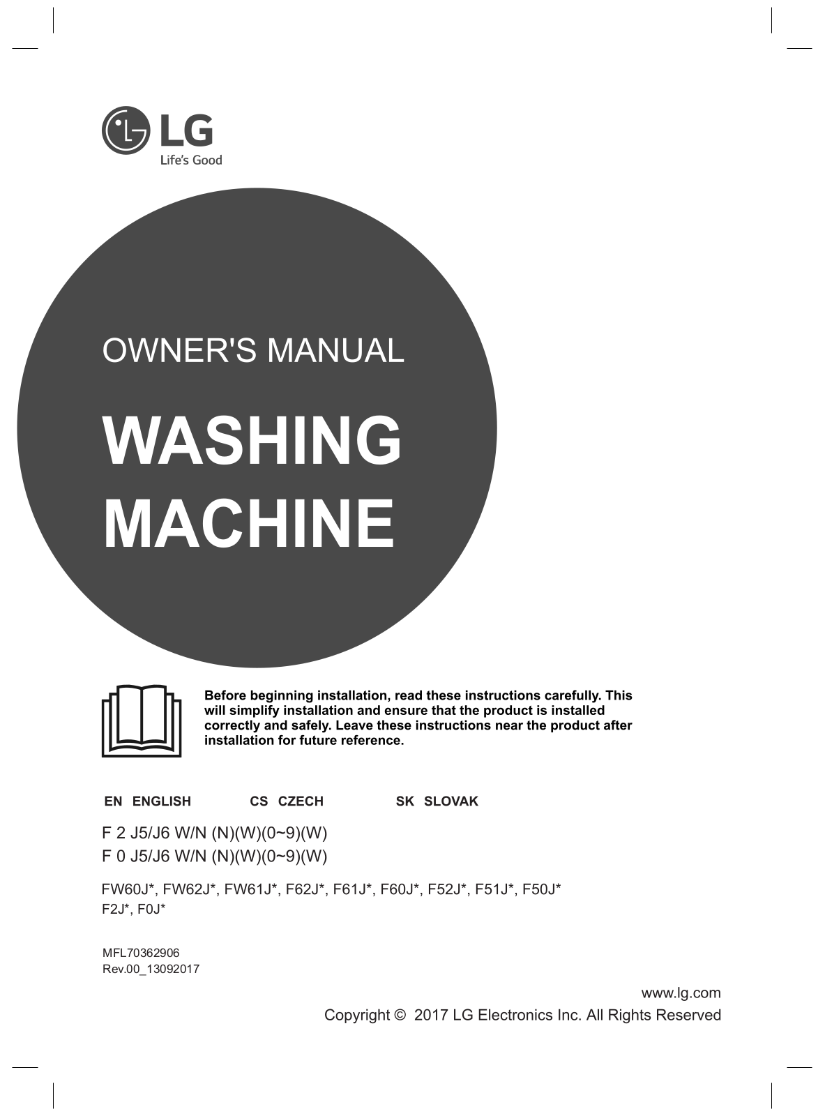 LG F62J5WN3W Operating Instructions