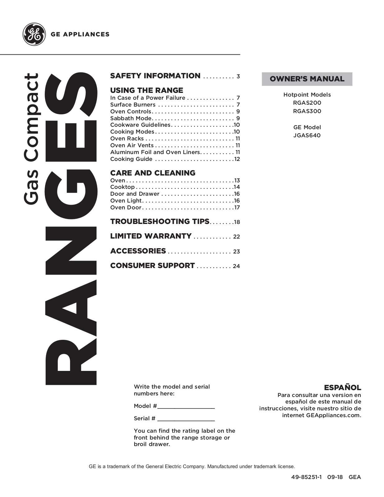 General Electric JGAS640RMSS Use & Care