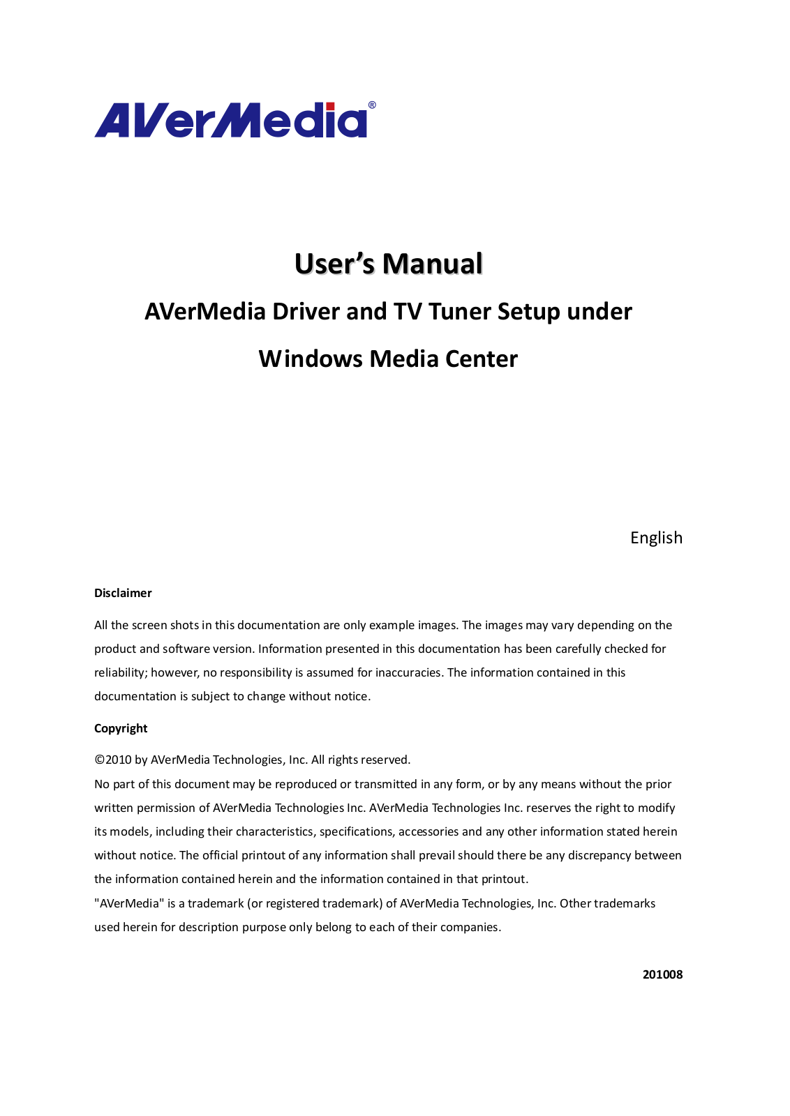 Avermedia Driver and TV tuner, Driver, TV tuner User Manual