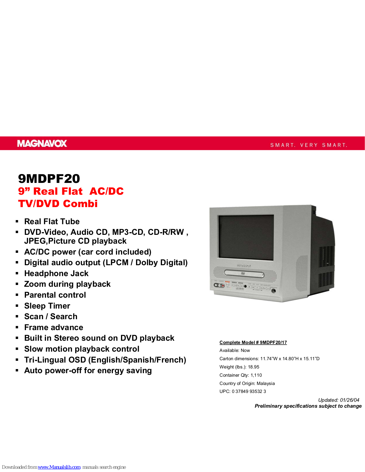 Magnavox 9MDPF20, 9MDPF20/17 Specifications