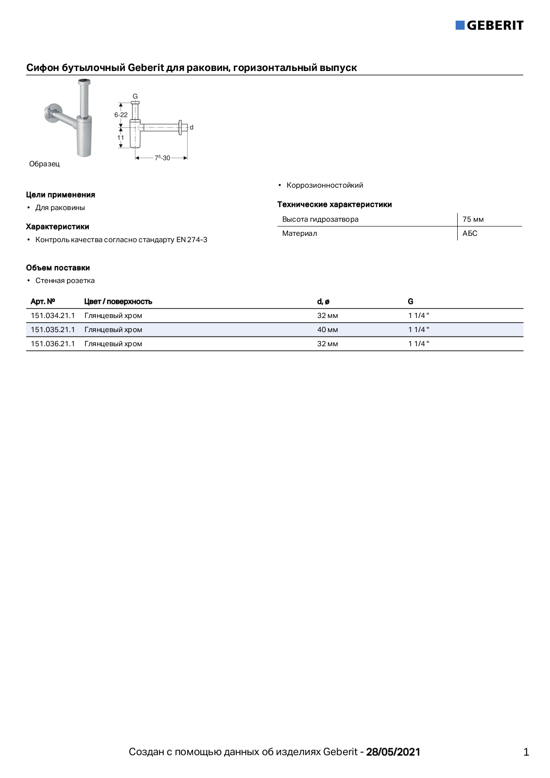 Geberit 151.034.21.1, 151.035.21.1, 151.036.21.1 Datasheet