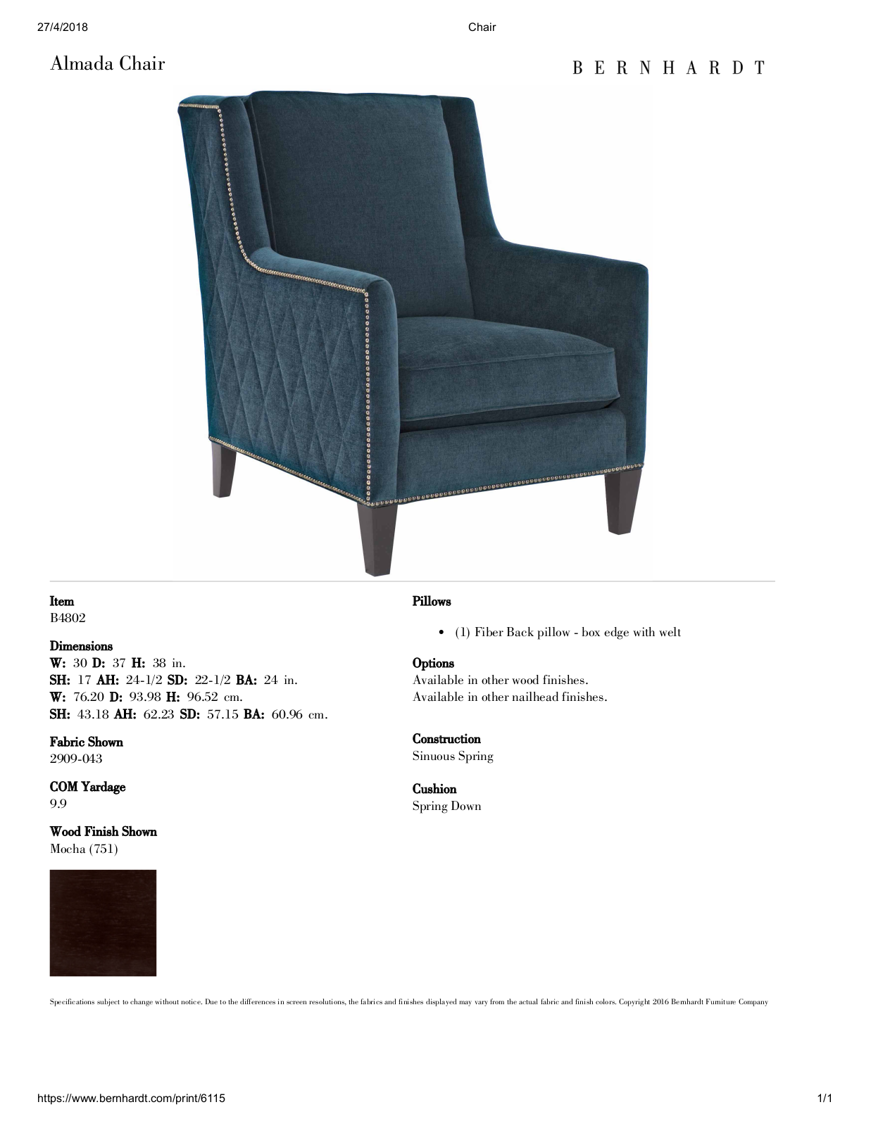 Bernhardt W004183158 Specifications - ManualMachine.com