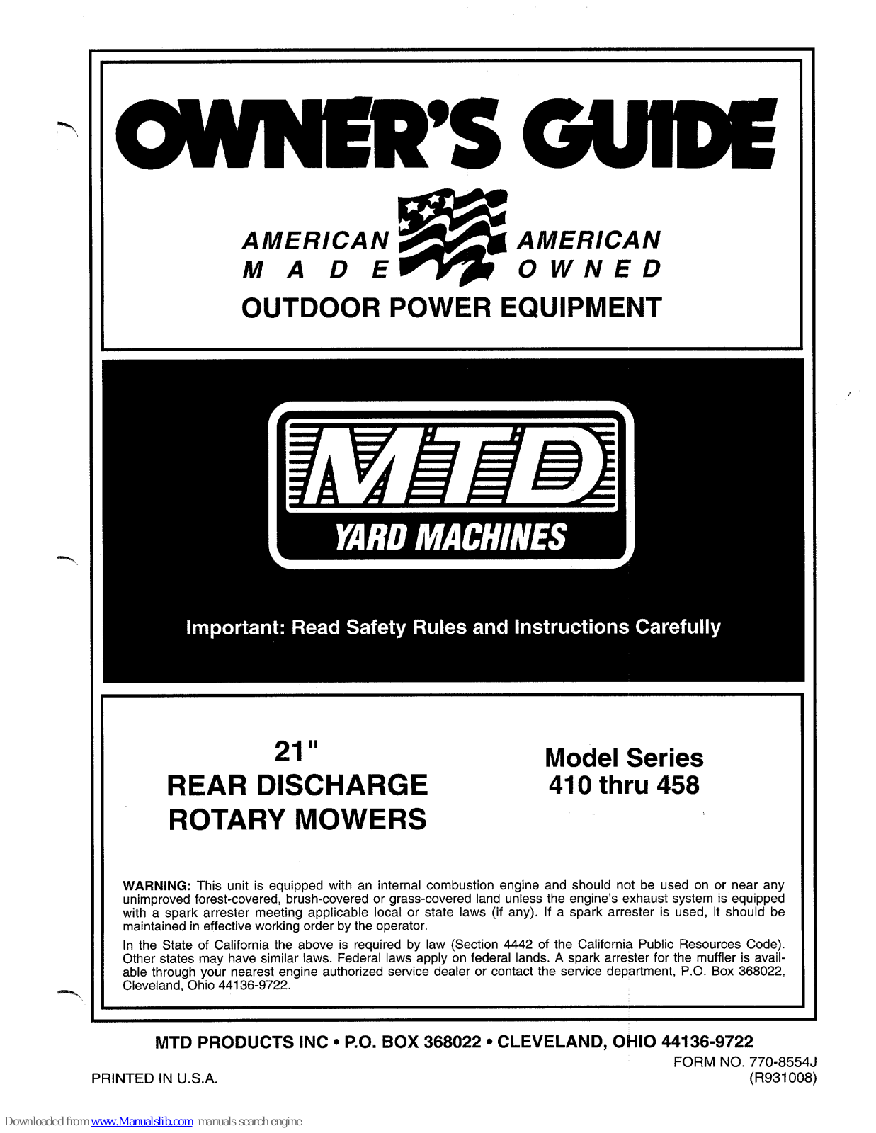 Yard Machines 410, 458 Owner's Manual