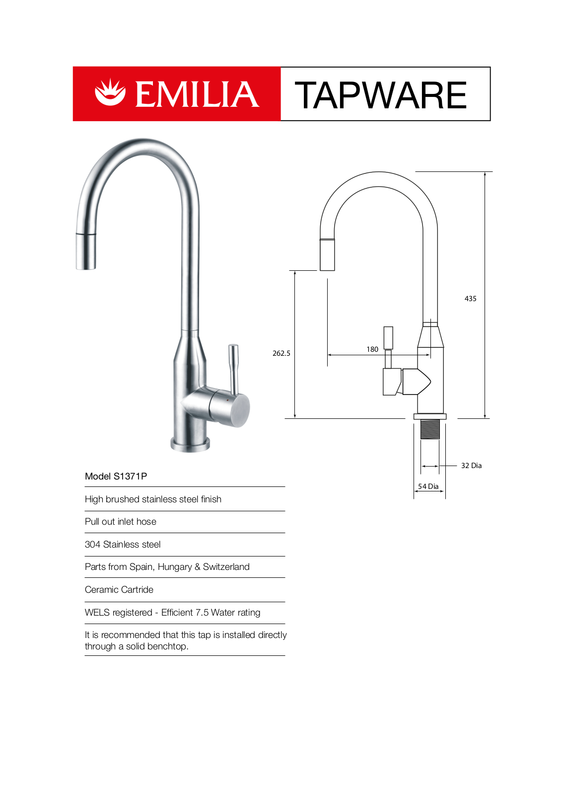 Emilia S1371P Specifications Sheet - ManualMachine.com