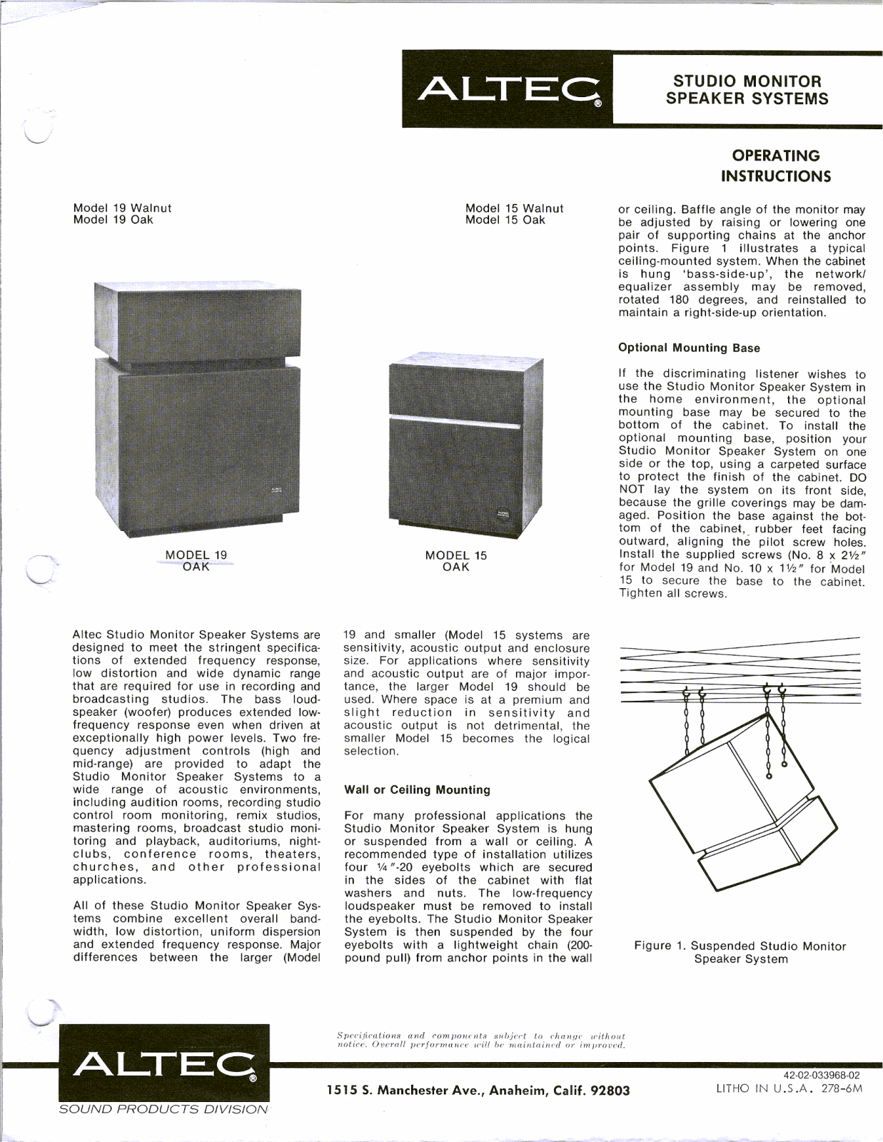 Altec Lansing 19 HI FI SPEAKER User Manual