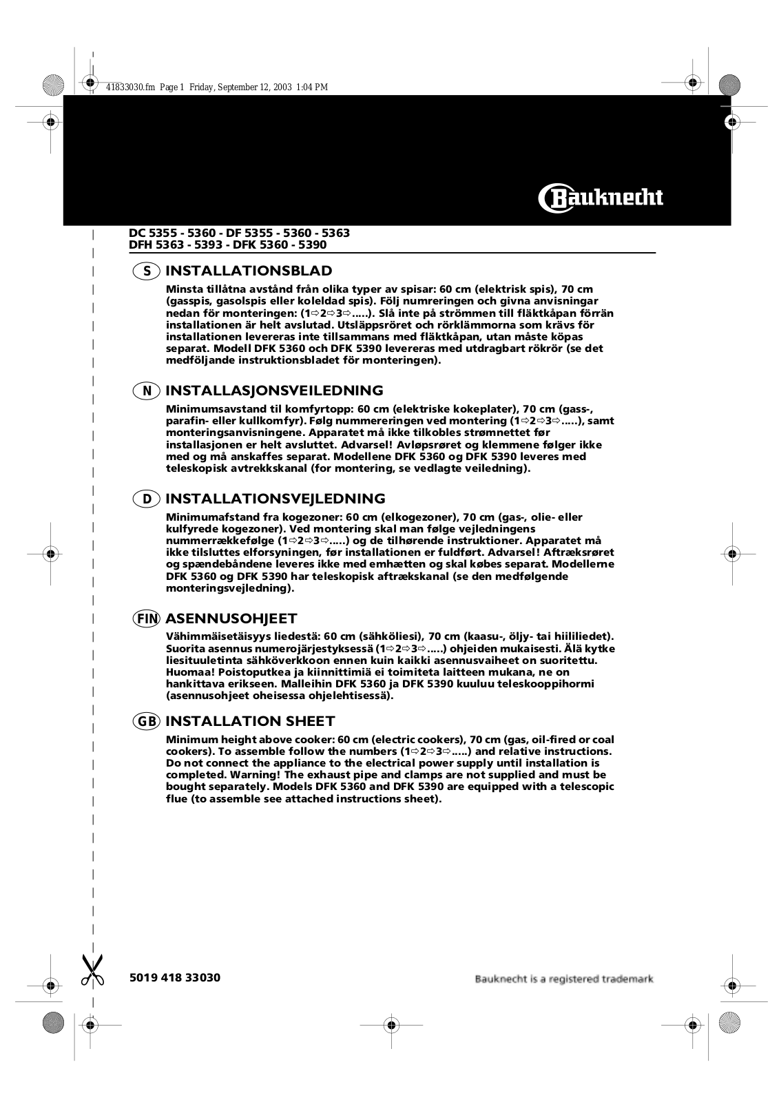 Whirlpool DFH 5363 IN COOKER INSTRUCTION FOR USE