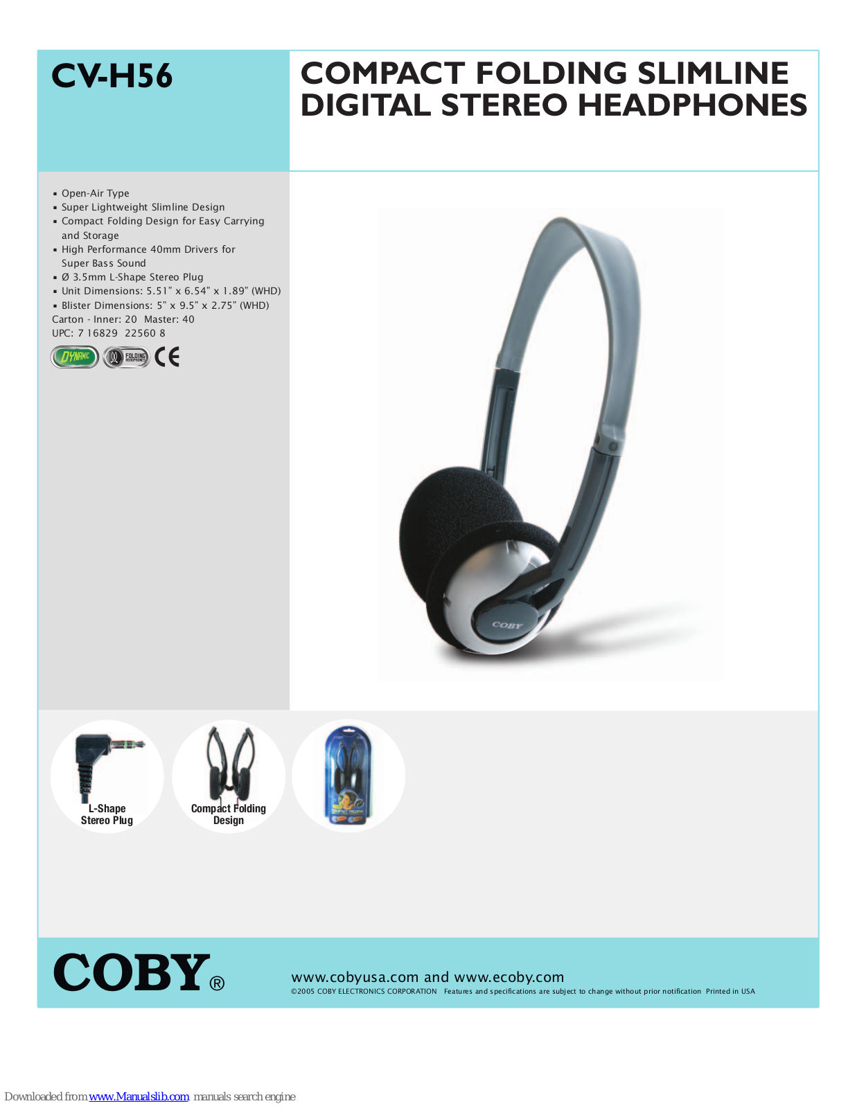 Coby CVH56 - CV H56 - Headphones, CV-H56 Specification Sheet