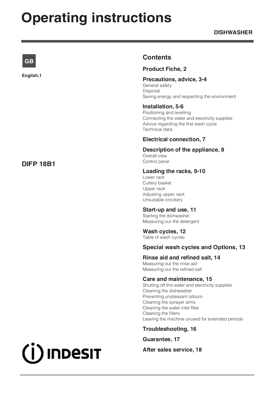 INDESIT DIFP 18B1 UK User Manual