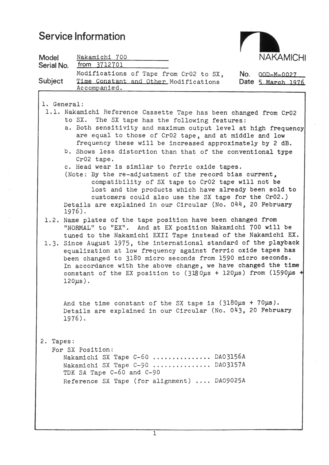 Nakamichi 700-Cr02-SX Service Information